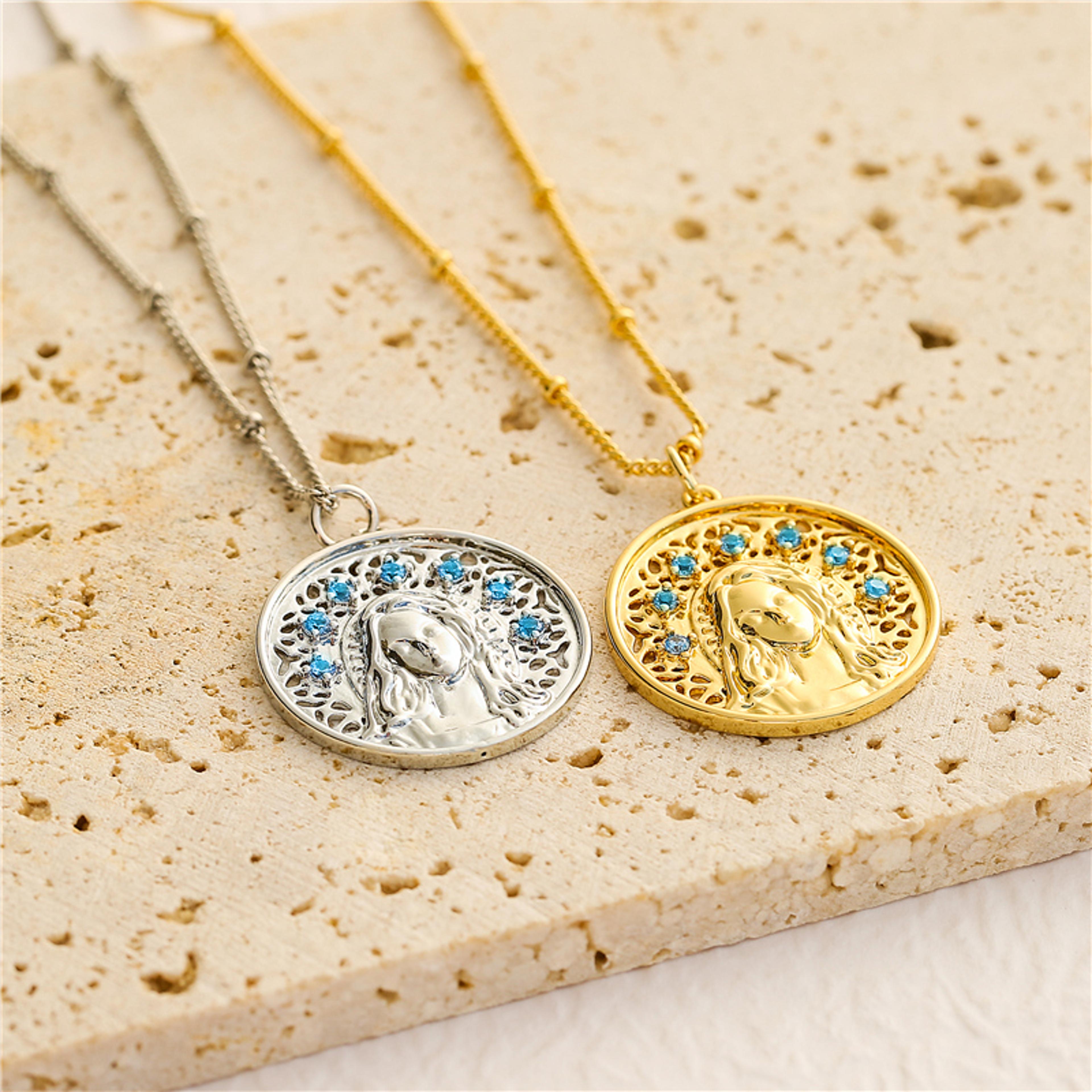 sea blue crystal goddess portrait pendant necklace for women wedding jewelry