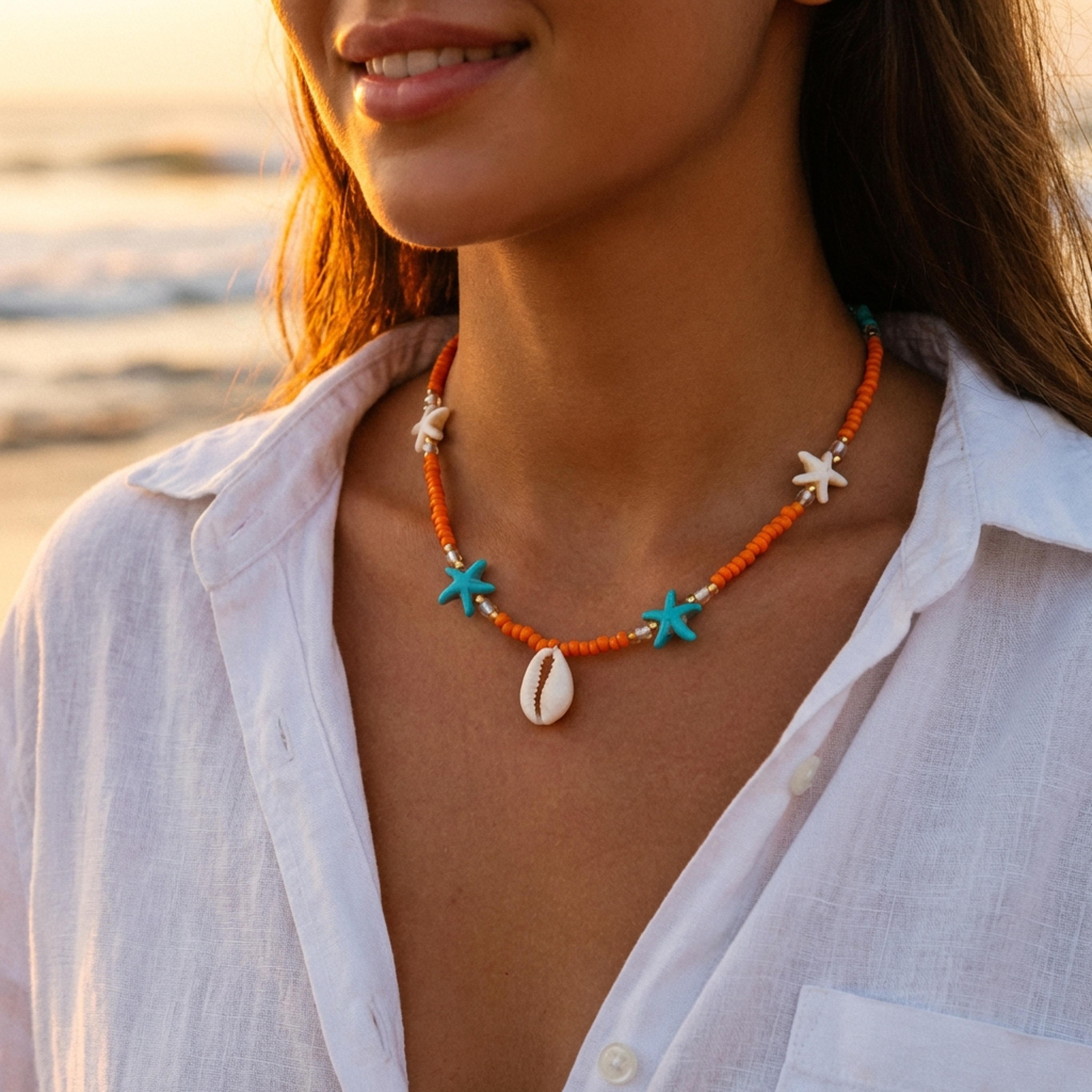 bohemian shell starfish rice bead choker necklace for women beach summer jewelry