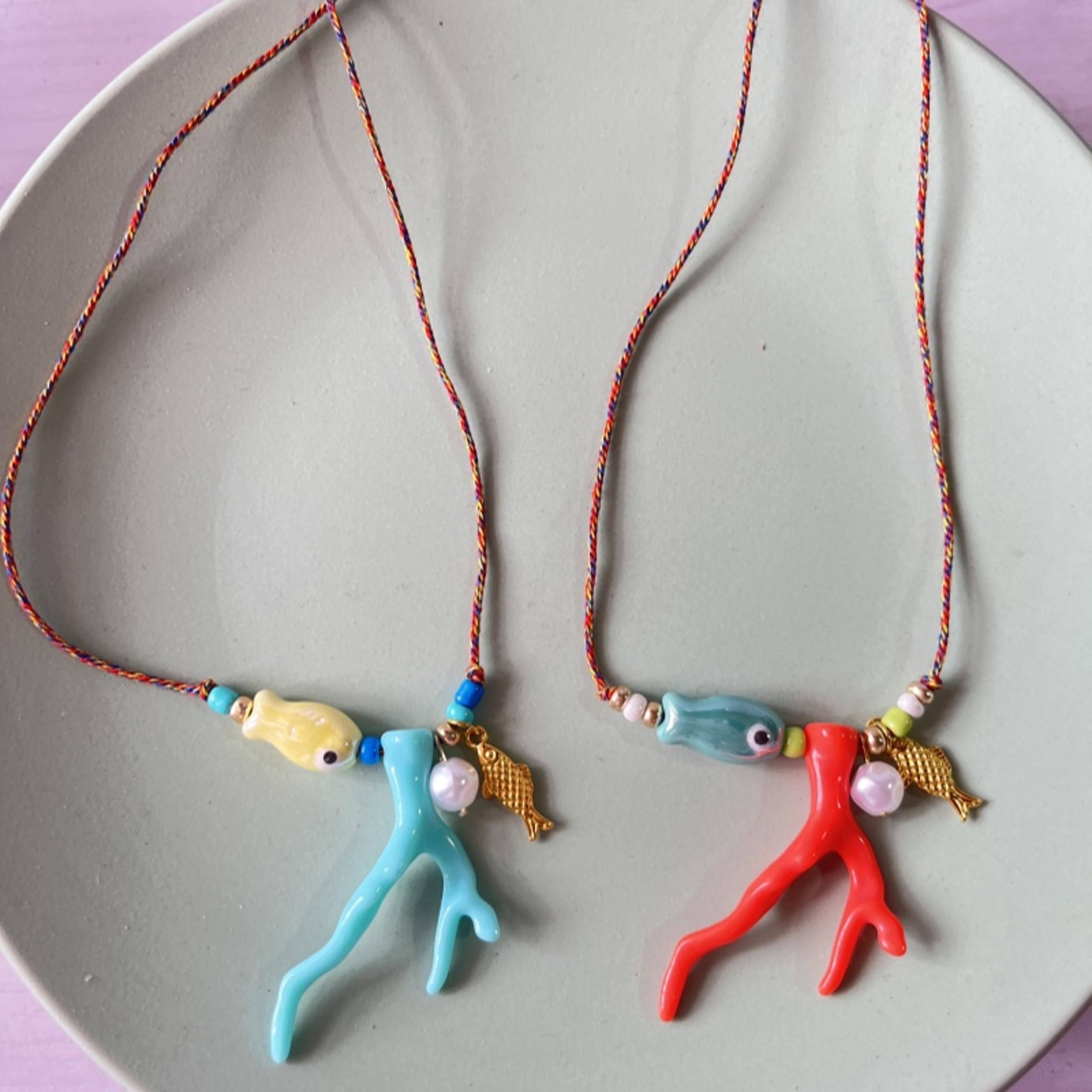 coral fish pendant beaded choker necklace colorful summer jewelry for women