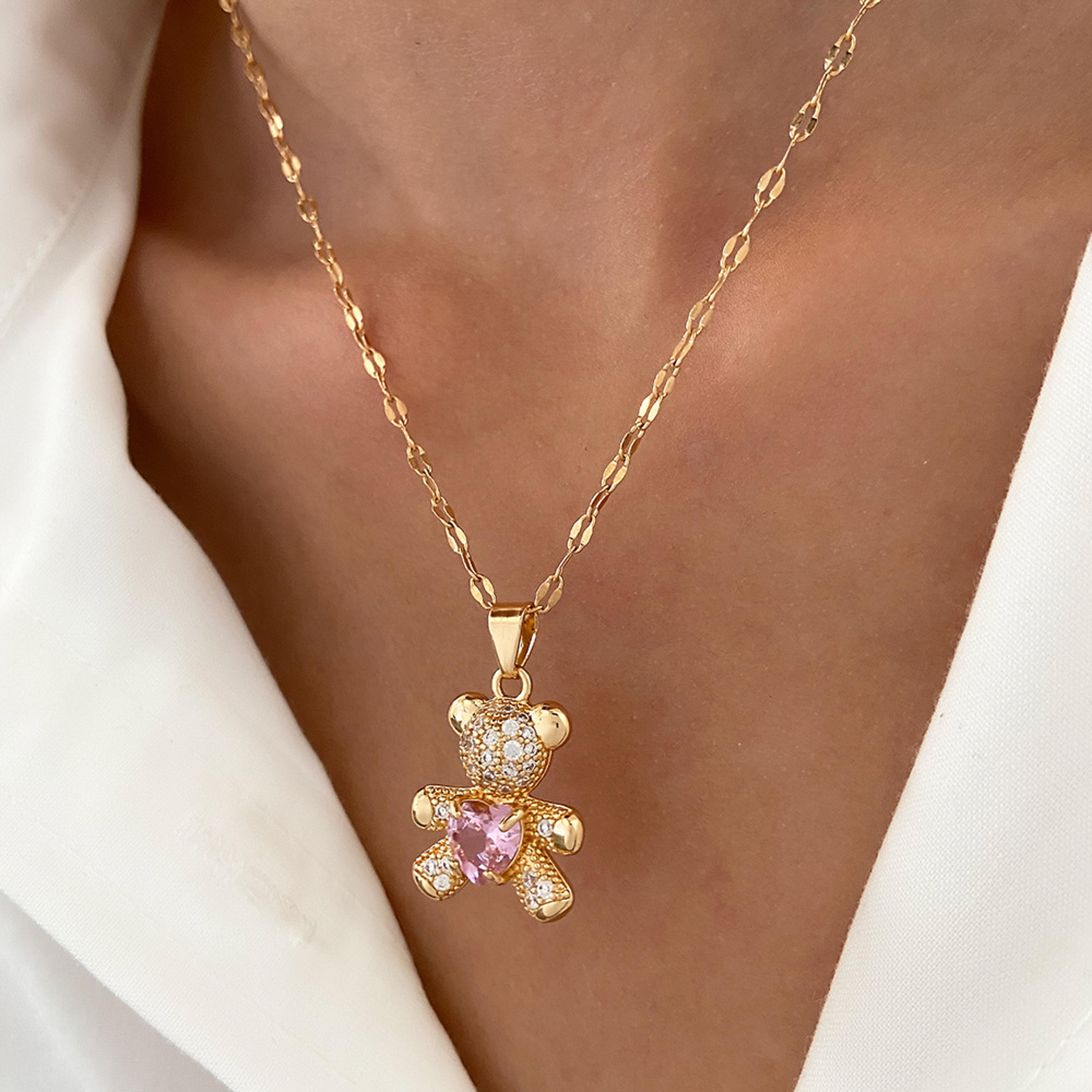 crystal bear heart pendant necklace for women fashion charm jewelry holiday gift