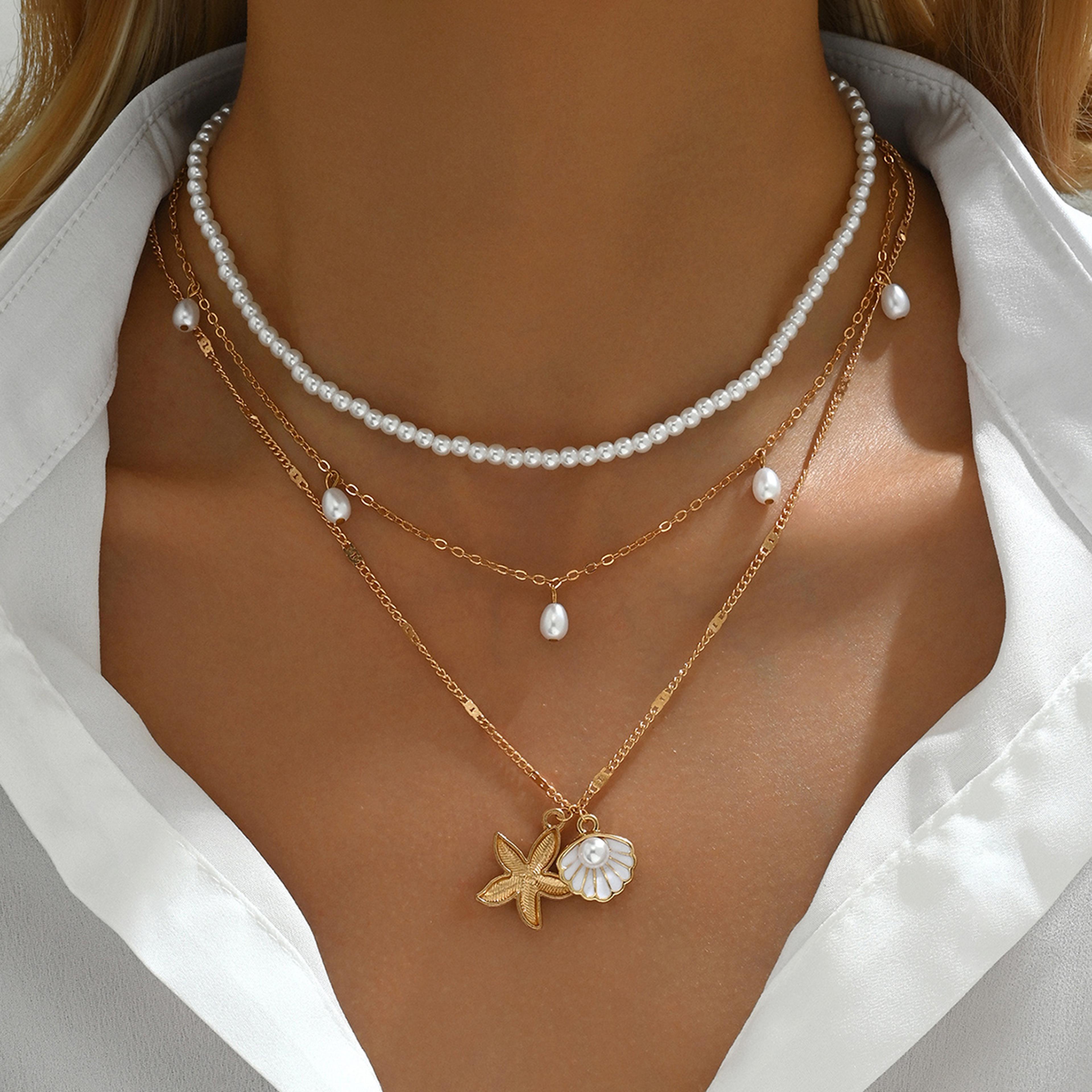 boho layered starfish shell necklace set faux pearl beach vacation jewelry for women