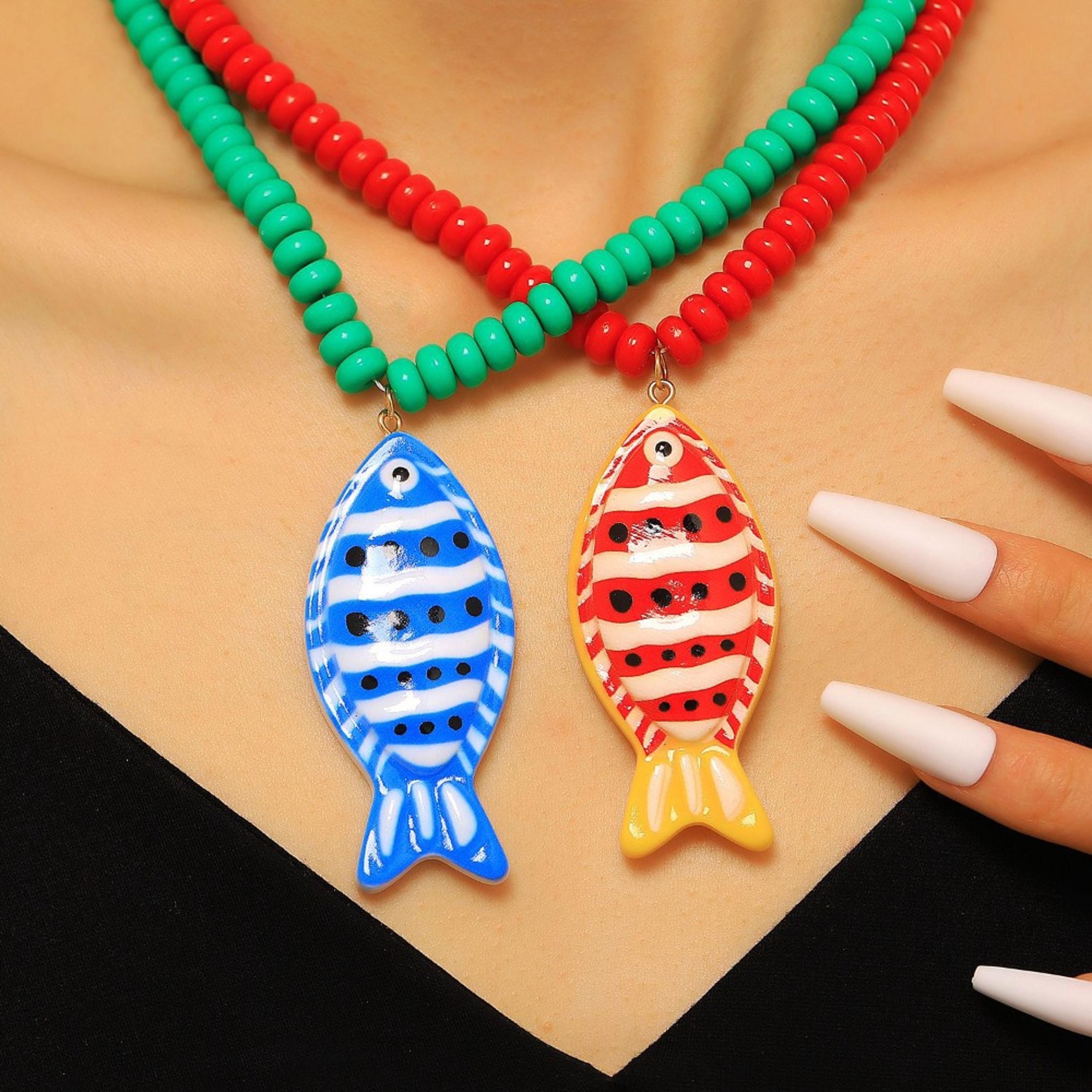 boho beaded fish pendant necklace colorful summer beach bohemian collar chain jewelry