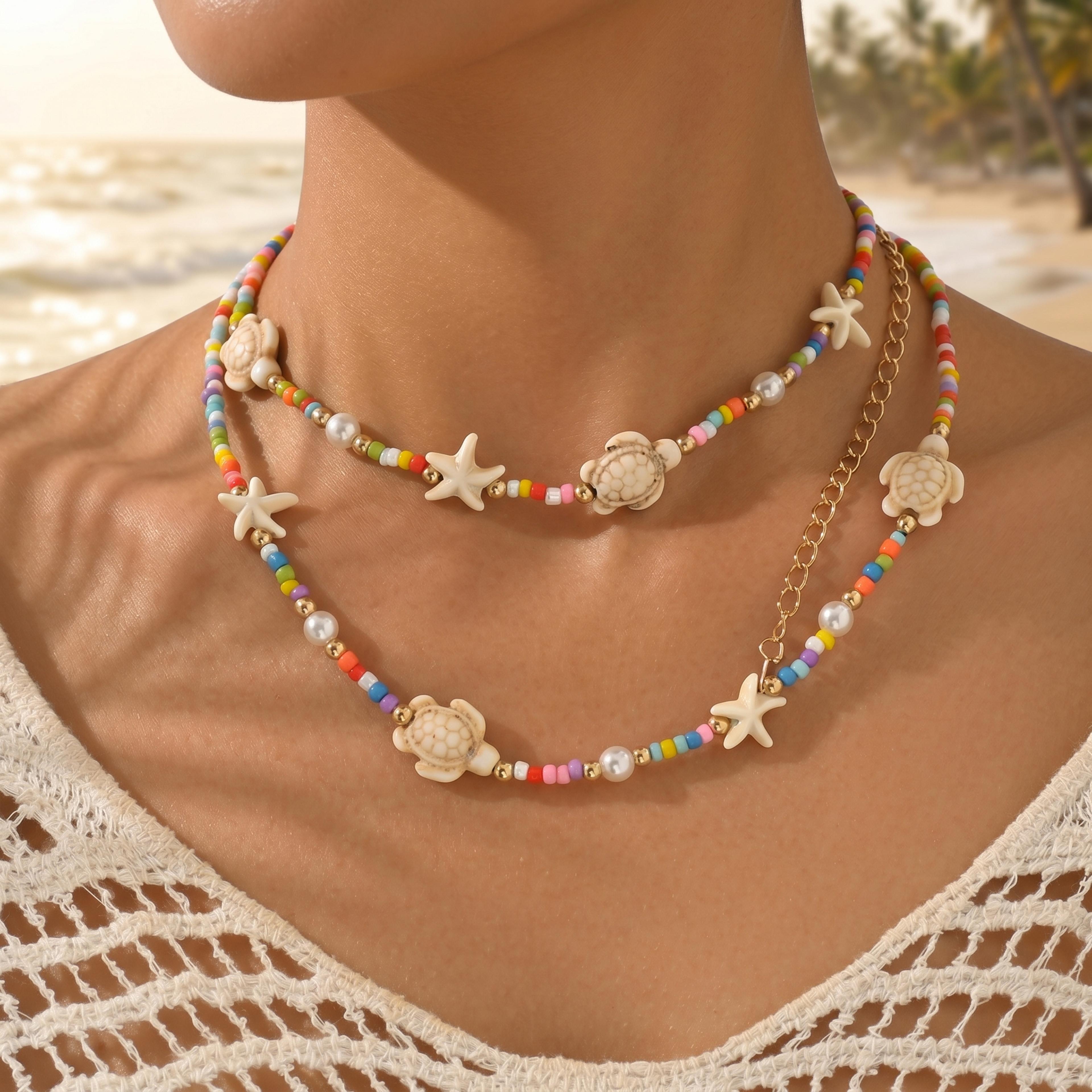 boho turtle starfish layered beaded choker necklace for beach & vacation wear