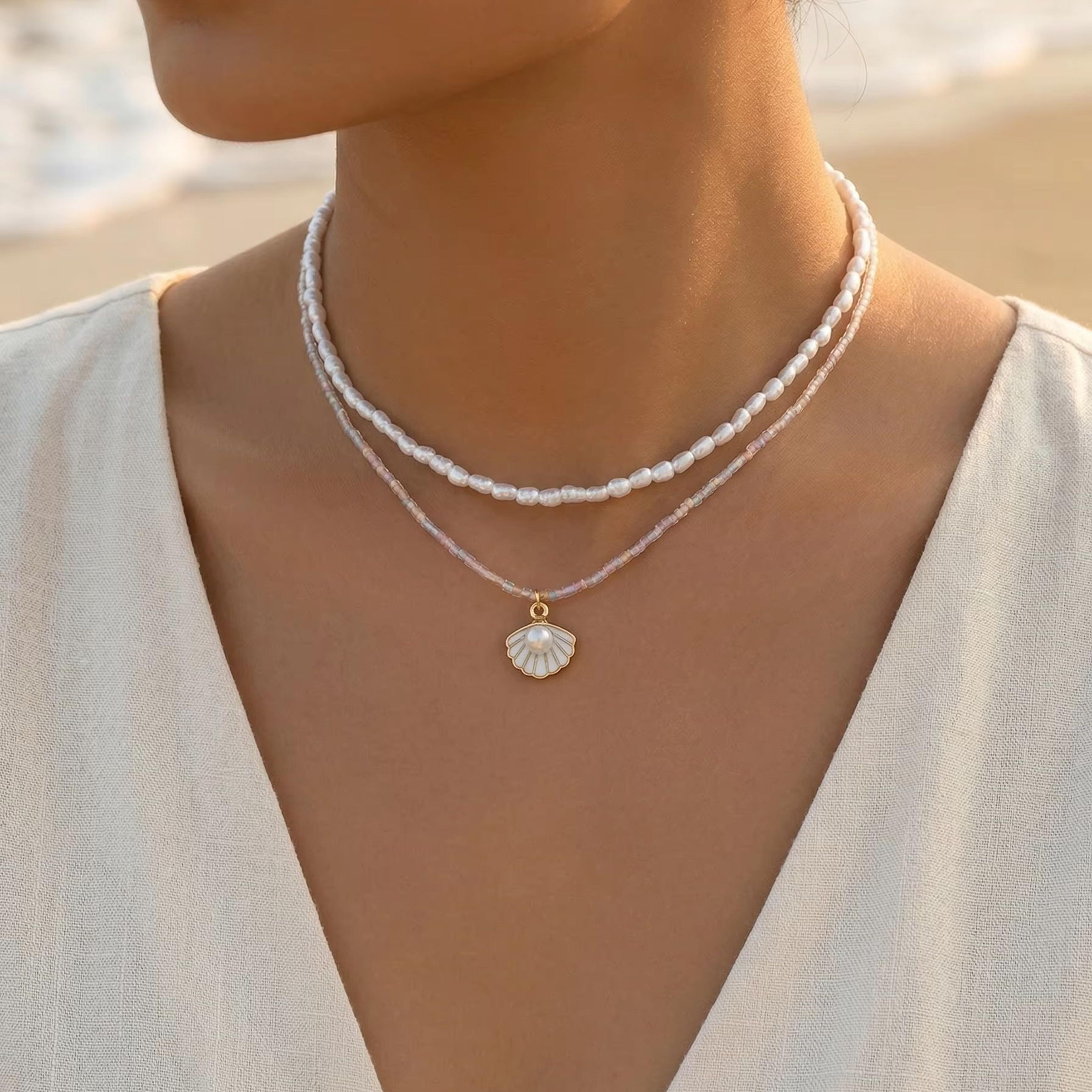 boho layered pearl shell necklace set adjustable glass bead beach jewelry