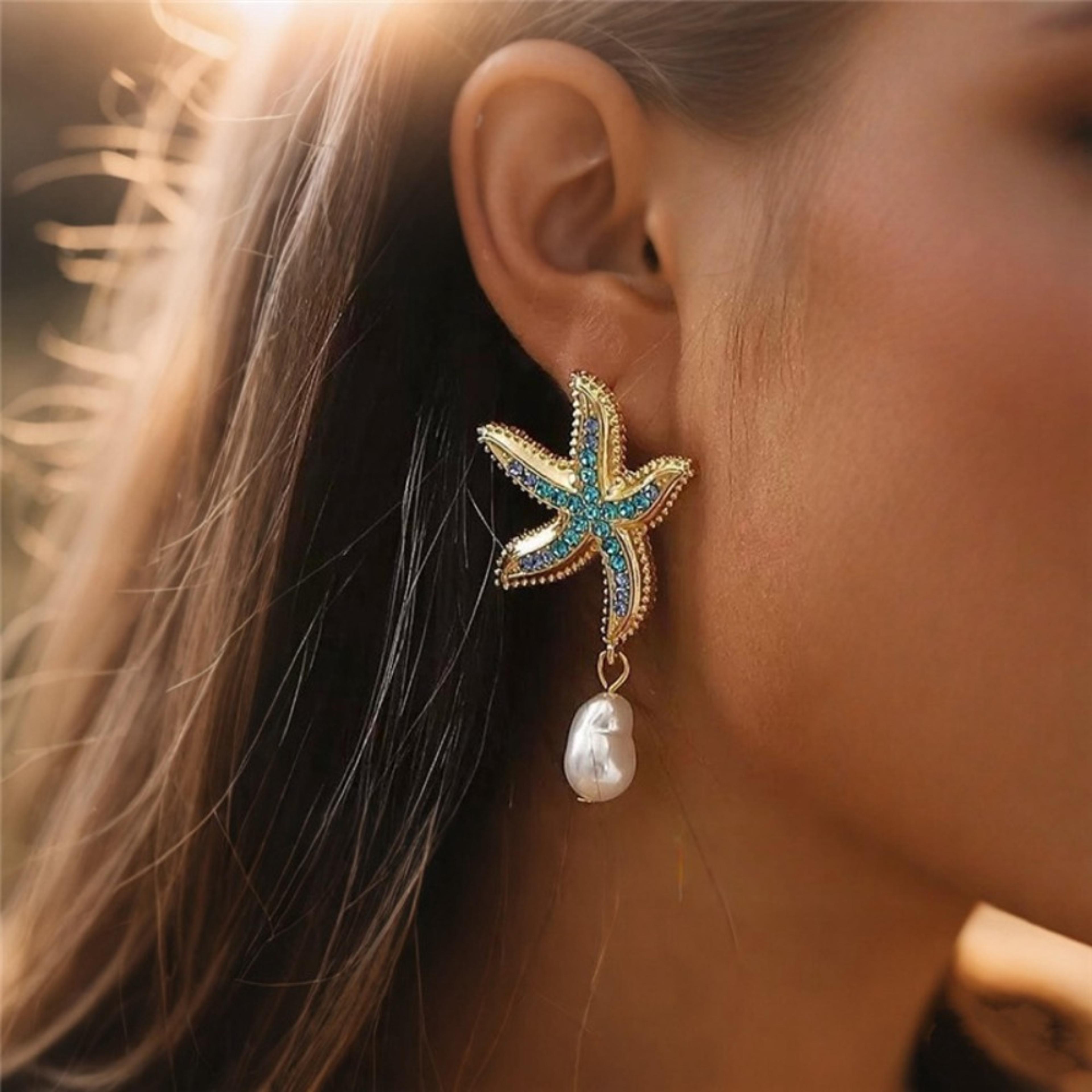 ocean blue starfish pearl tassel earrings baroque pearl tassels beach earrings for women