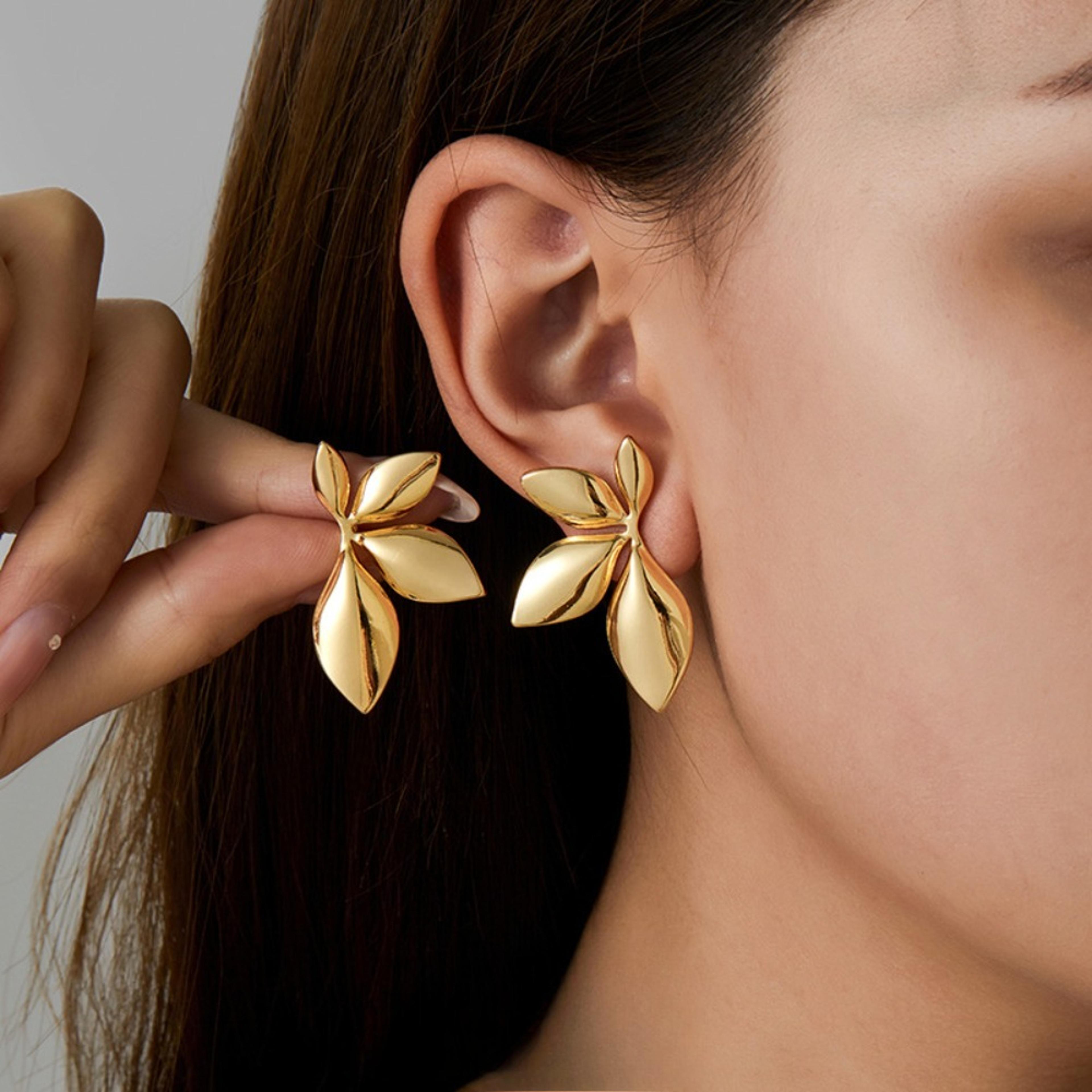 elegant gold floral stud earrings for women flower stud earrings, gold stainless steel earrings, leaf design