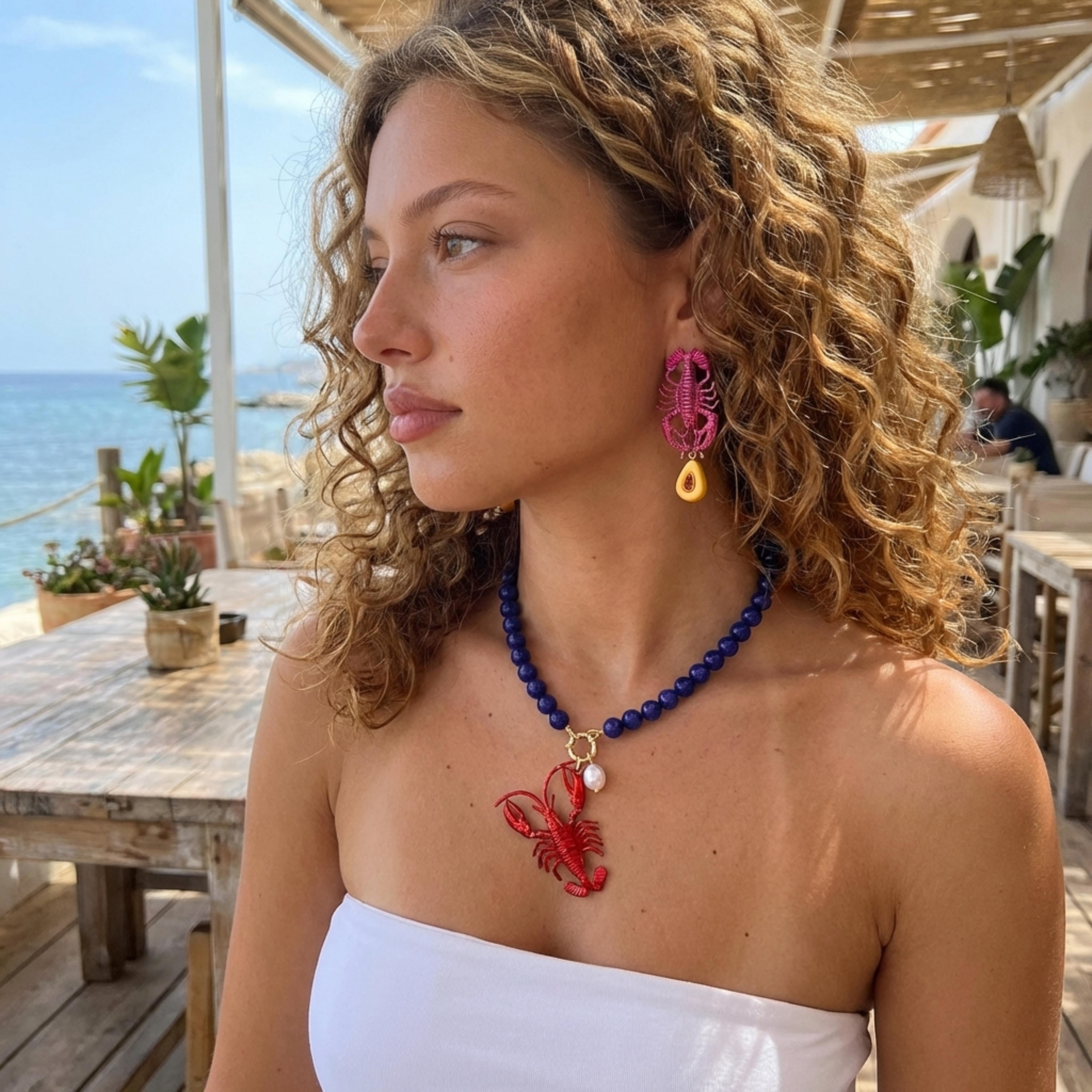 coastal lobster charm jewelry set beach vacation jewelry necklace & earrings for women