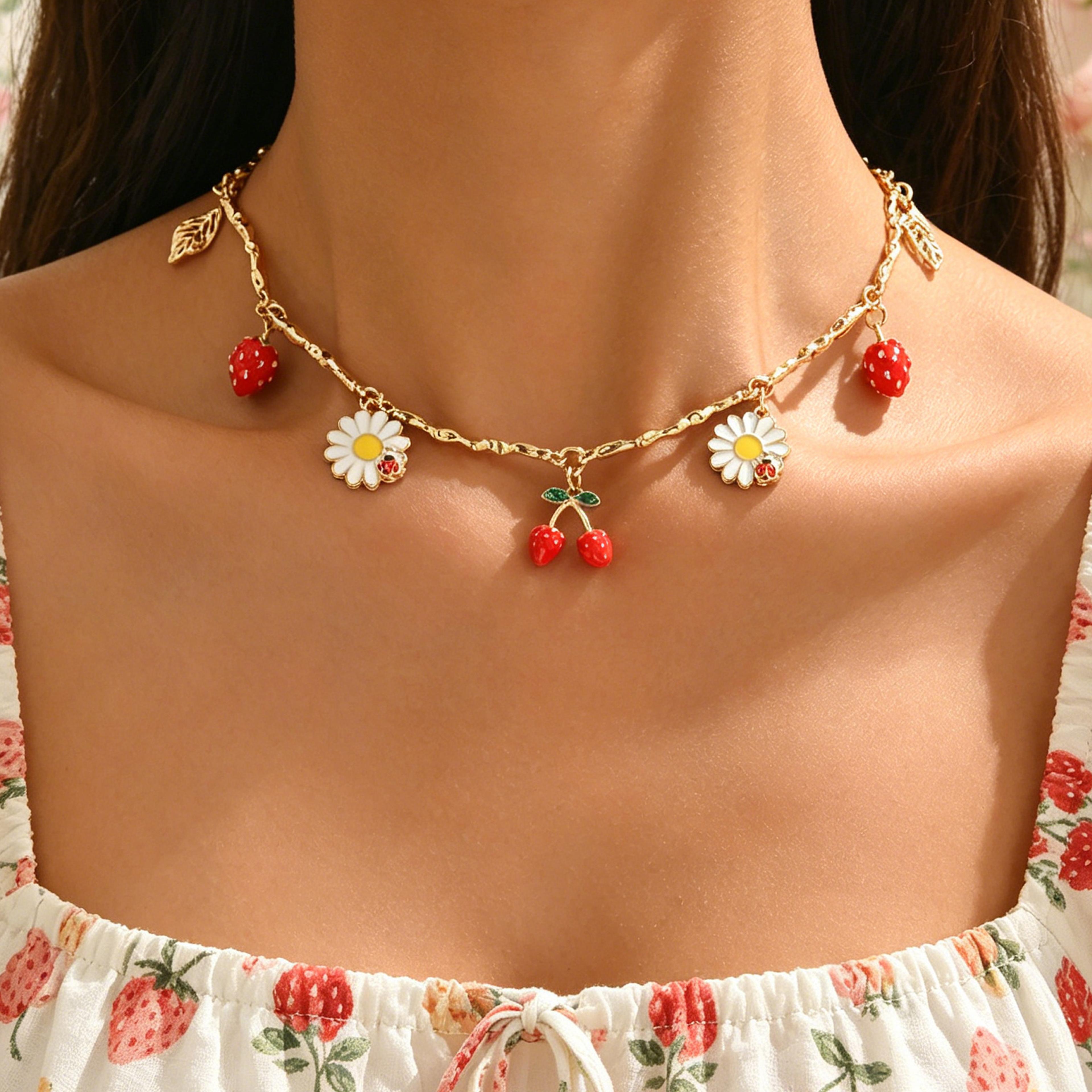berry blossom charm choker choker necklace with strawberry, cherry & daisy charms
