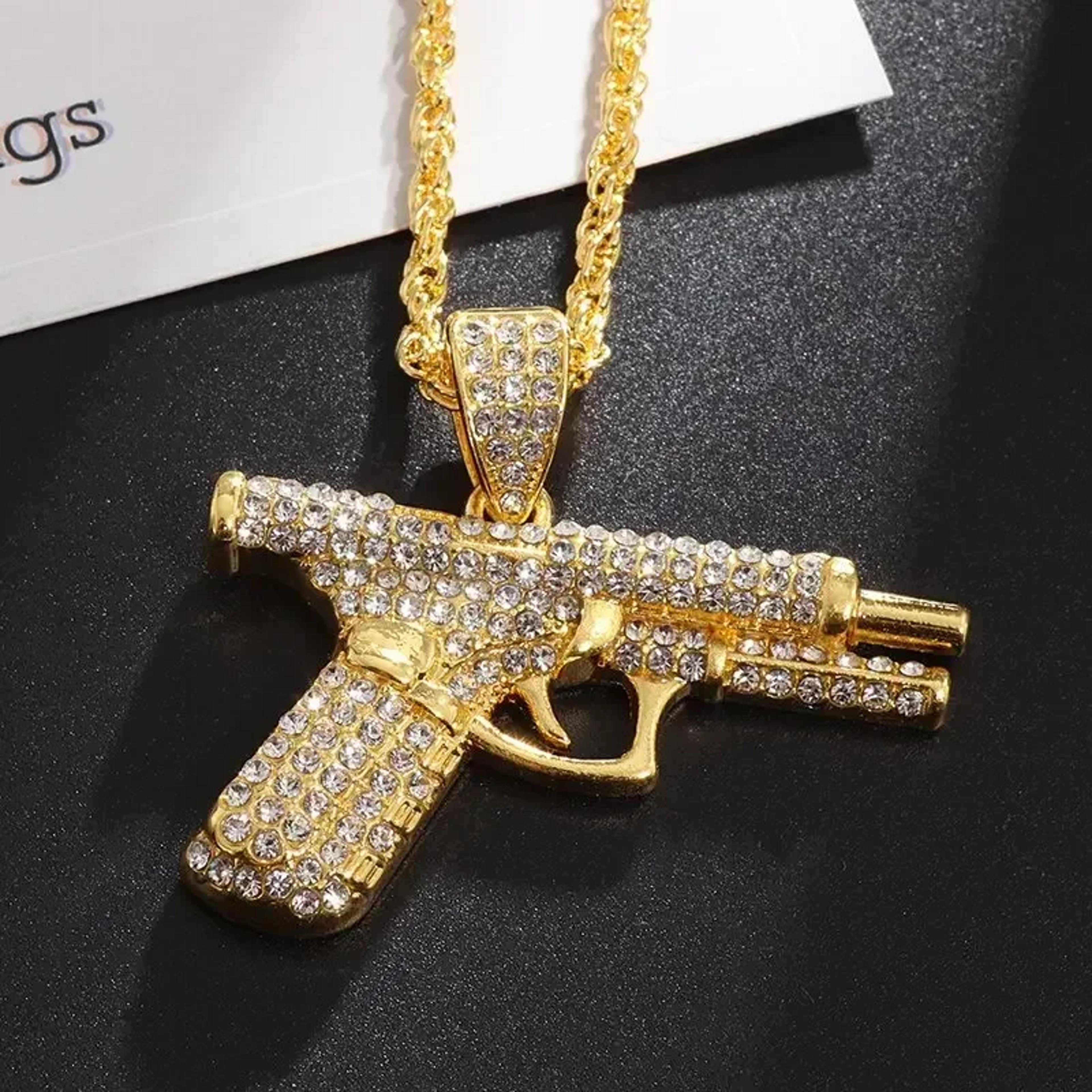 iced out gun pendant necklace for men hip hop streetwear statement chain