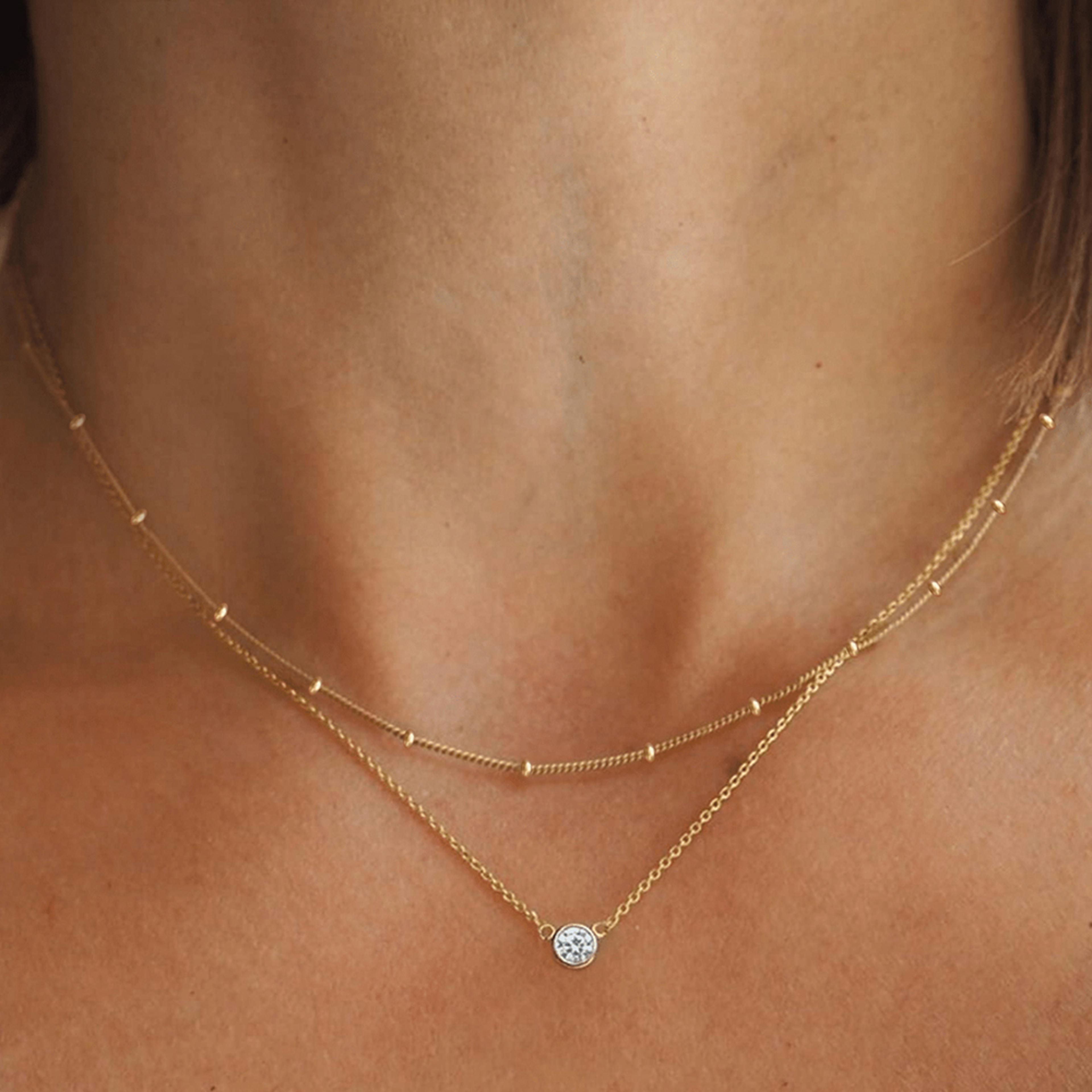 luxe zirconia layered necklace for women stainless steel double layer pendant beaded chain