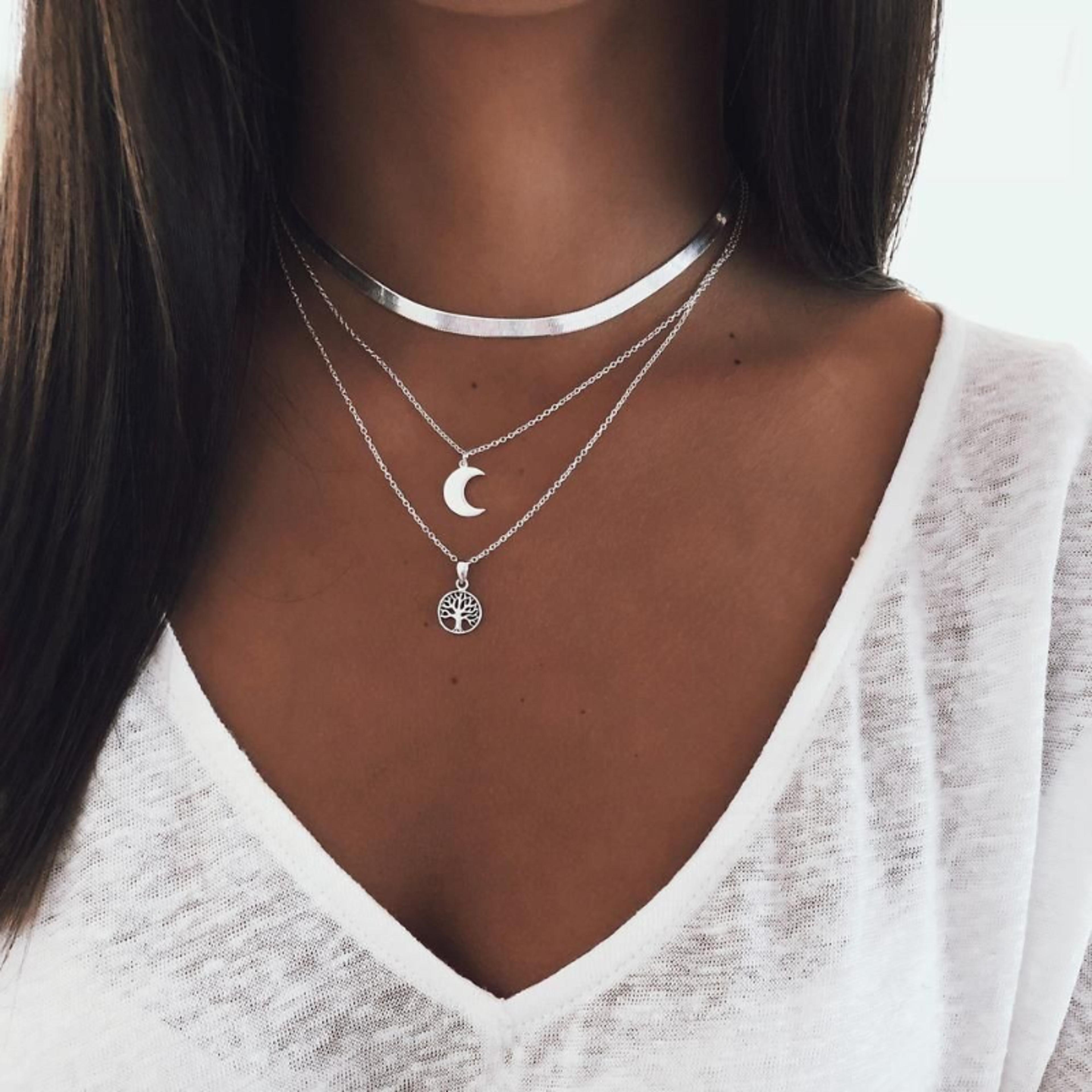 celestial tree of life layered moon necklace boho stainless steel choker for women