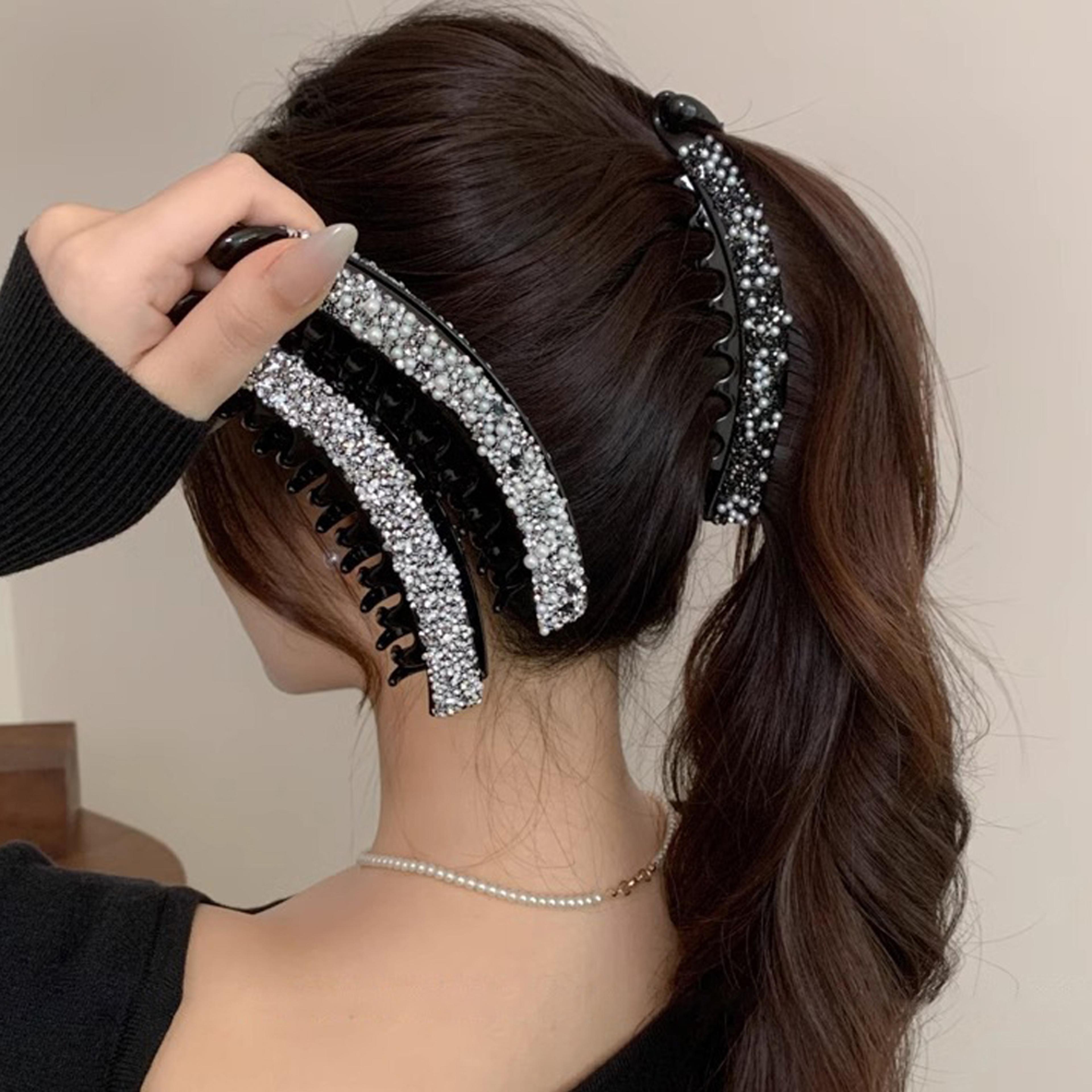 crystal pearl banana hair clip elegant rhinestone ponytail holder for women & girls