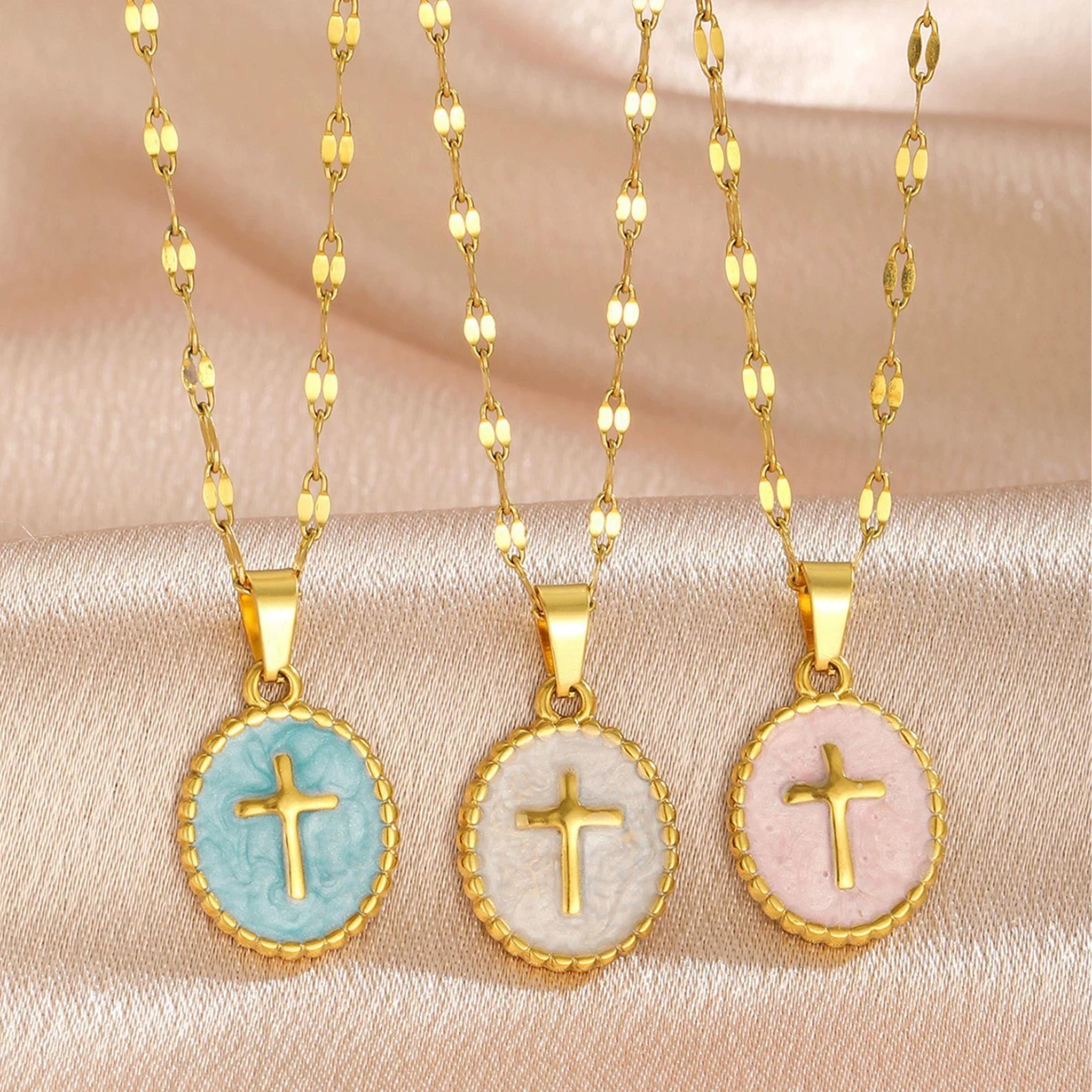 luminous opal cross pendant necklace stainless steel natural stone jewelry for women