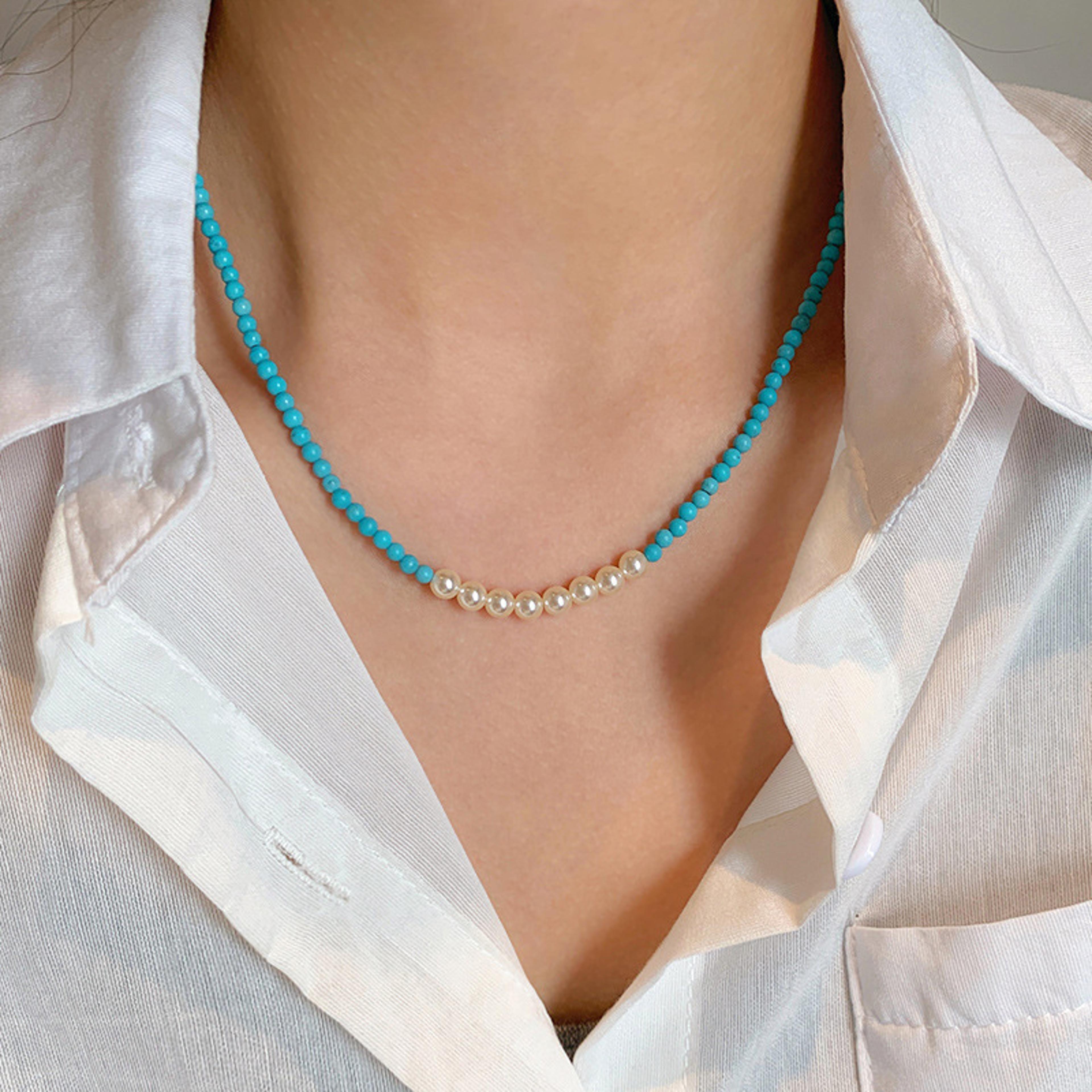 turquoise pearl collarbone pendant necklace elegant blue gemstone & pearl choker for women