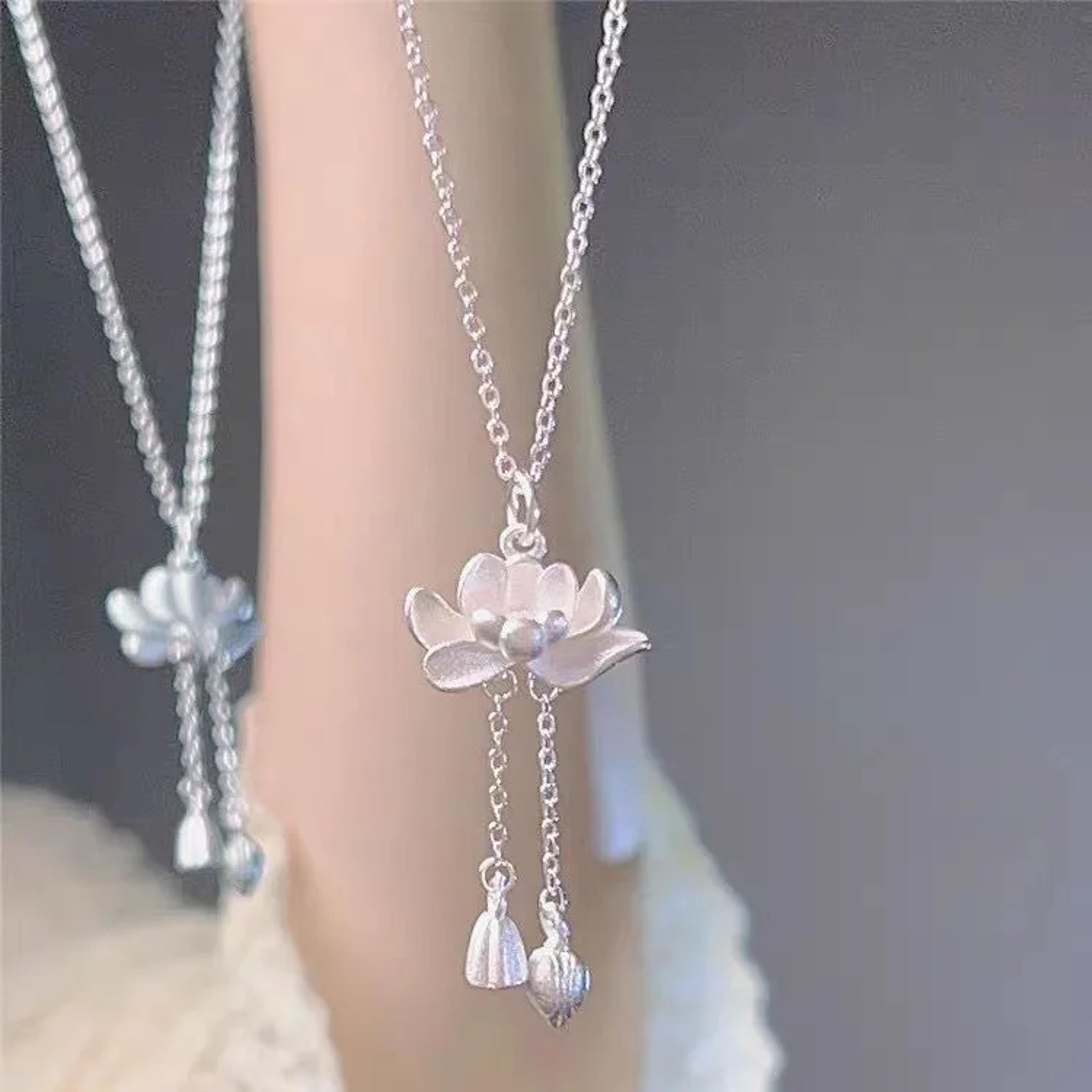 elegant lotus tassel pendant necklace chinese style good luck floral jewelry