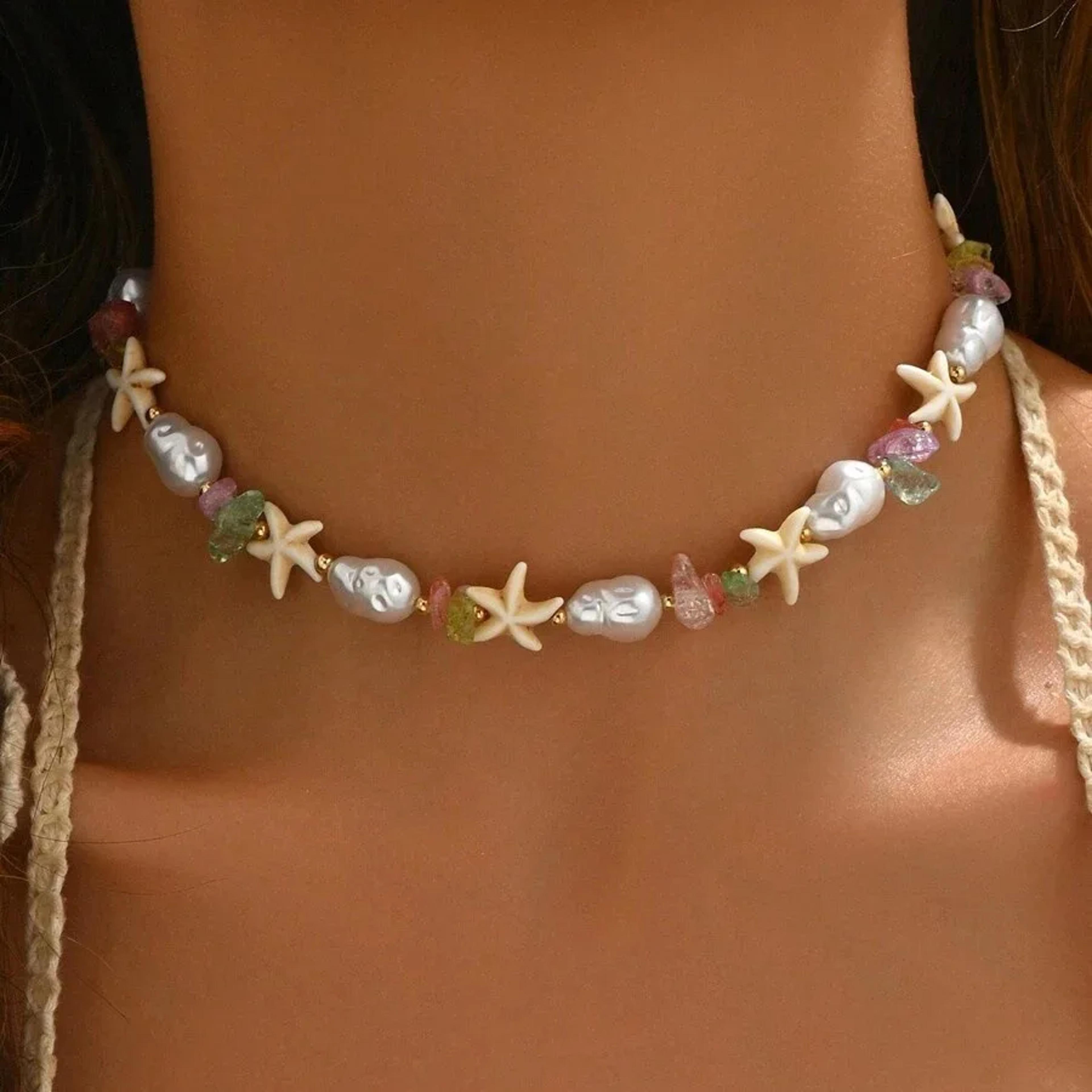 coastal starfish beaded choker necklace handmade beach necklace with pearl inspired accents
