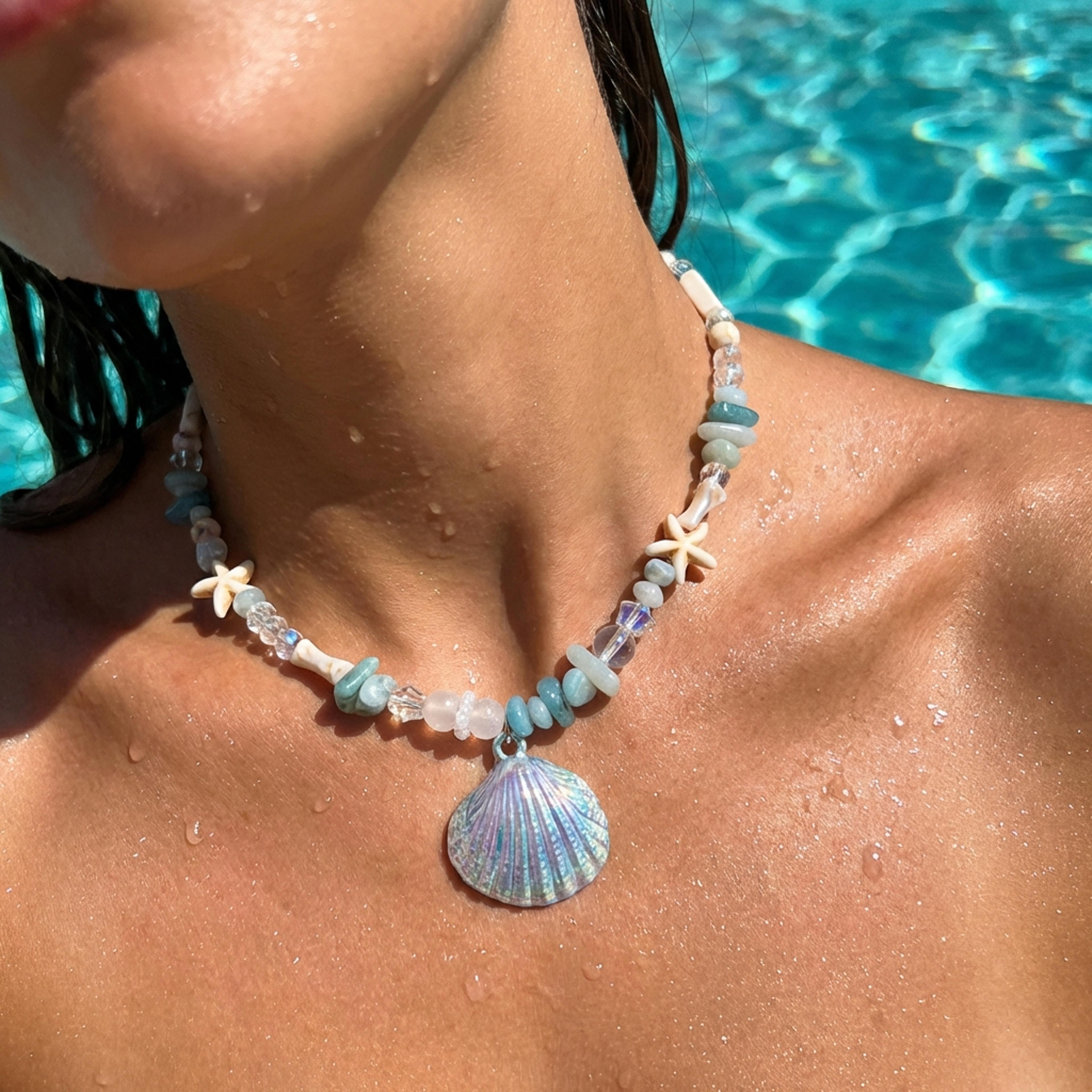 coastal starfish shell beaded choker necklace for women boho shell necklace, starfish necklace, beach jewelry