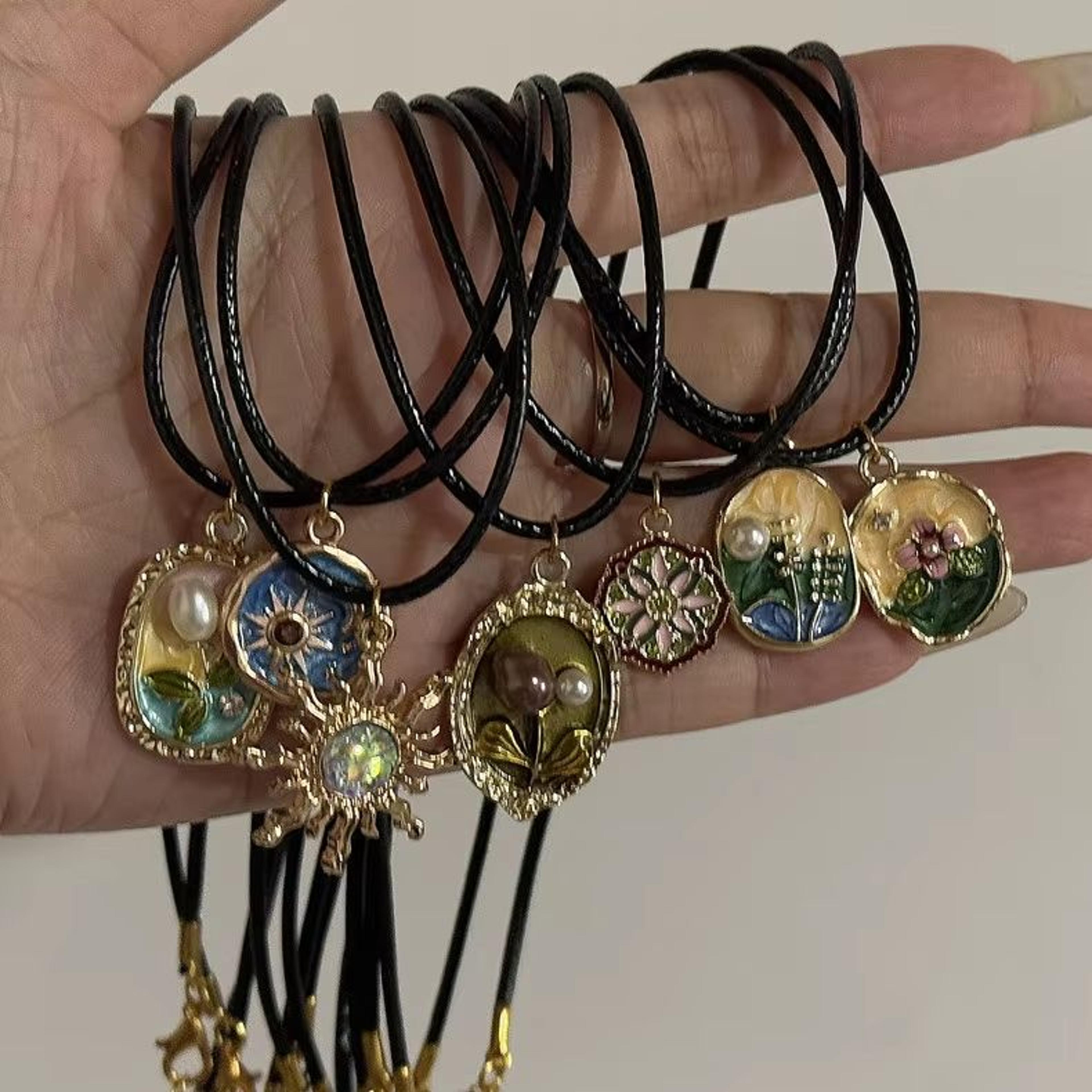 vintage sunflower pendant necklace with leather cord antique boho floral statement jewelry