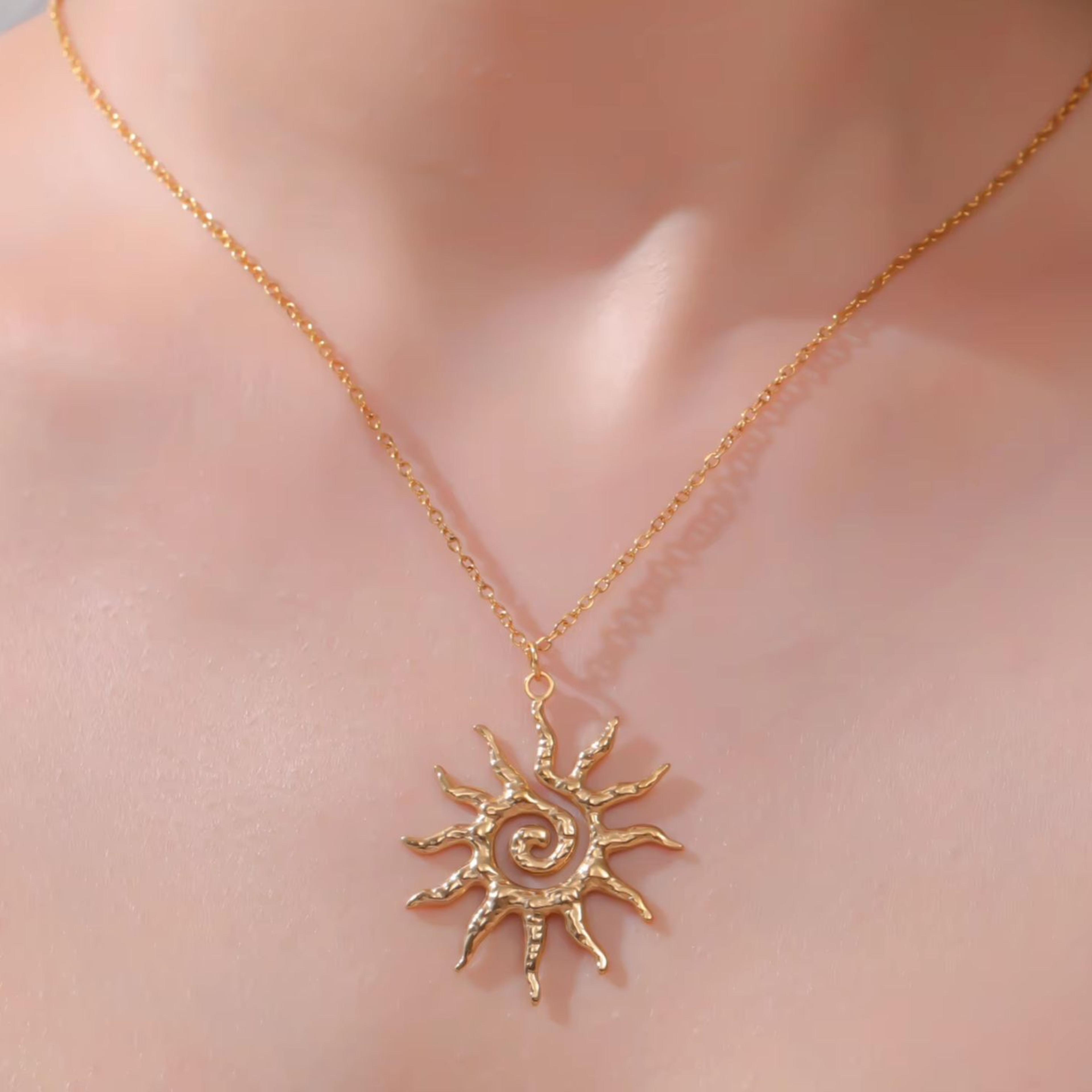 celestial spiral sun pendant necklace vintage stainless steel boho jewelry for women