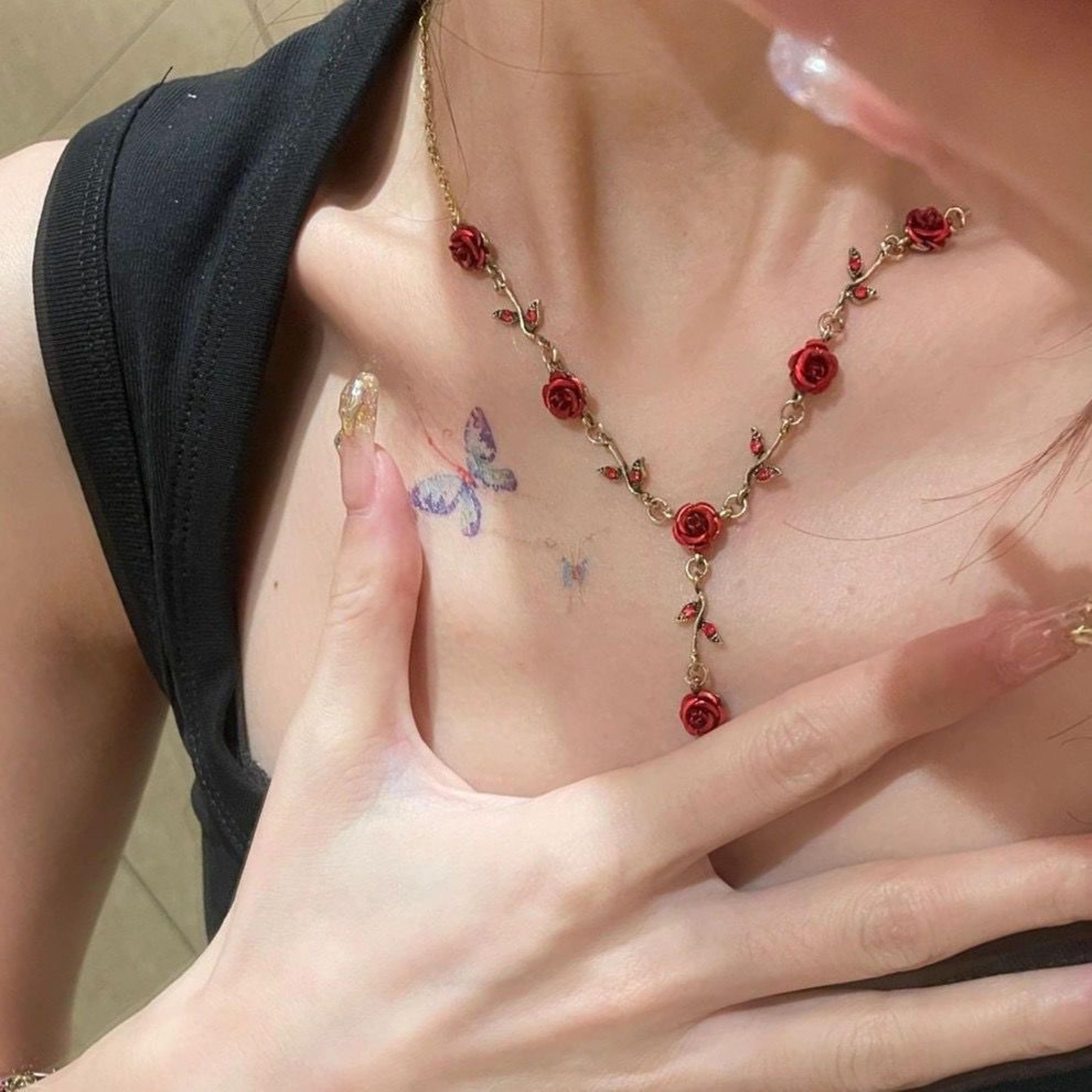 vintage rose drop y necklace for women romantic floral pendant statement jewelry gift