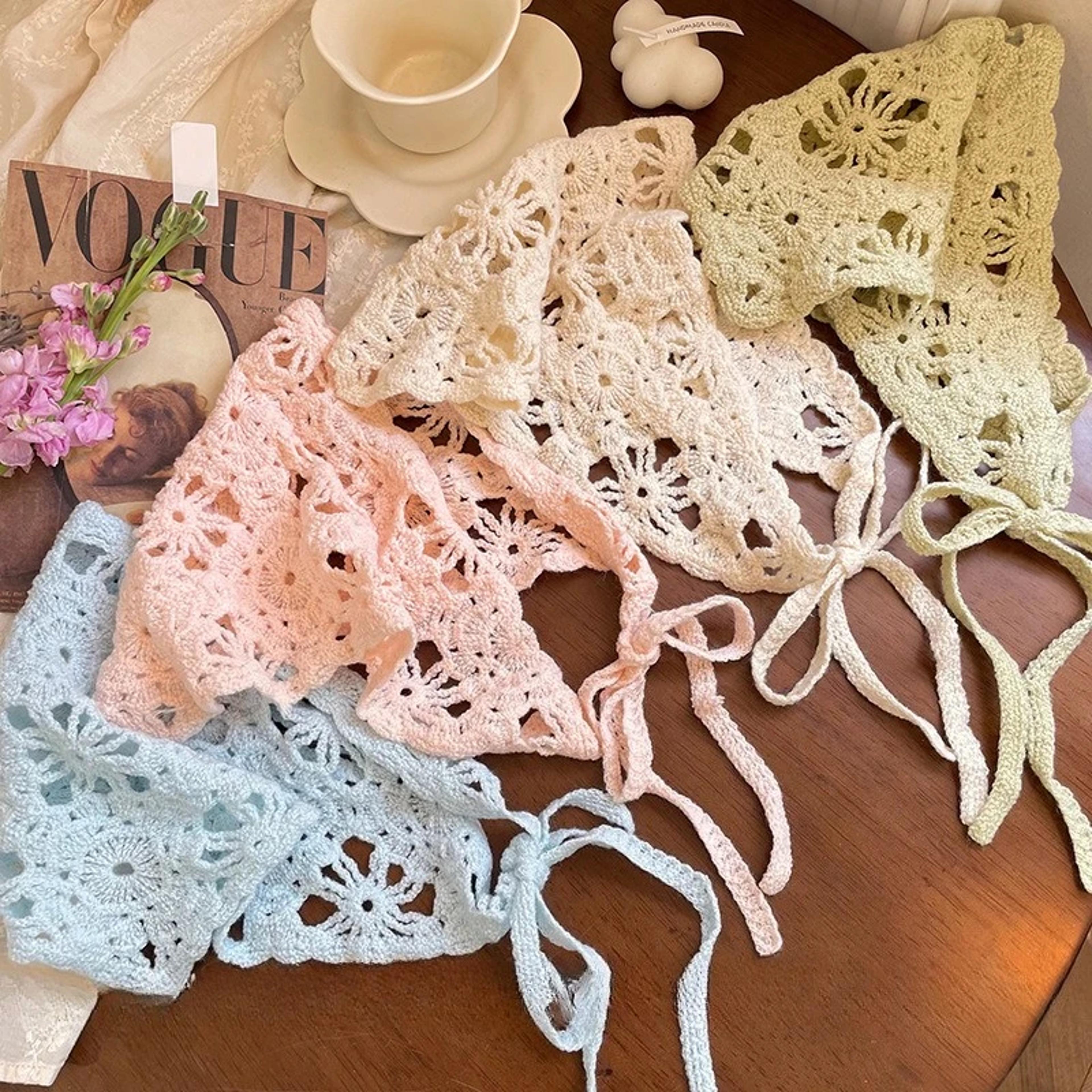 french floral crochet headscarf headband handmade knitted headscarf for vintage boho style
