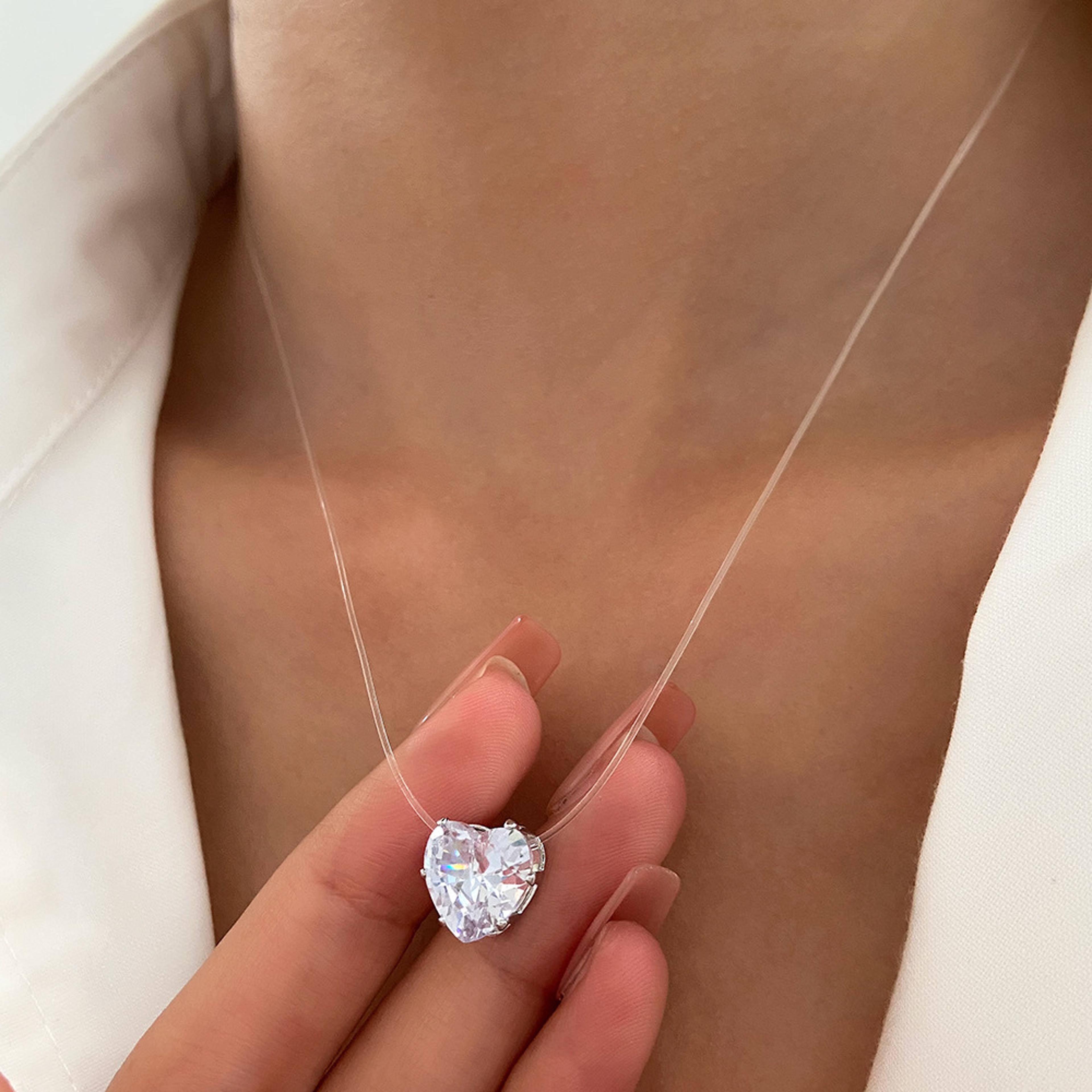 elegant heart pendant invisible necklace with zircon accent for women