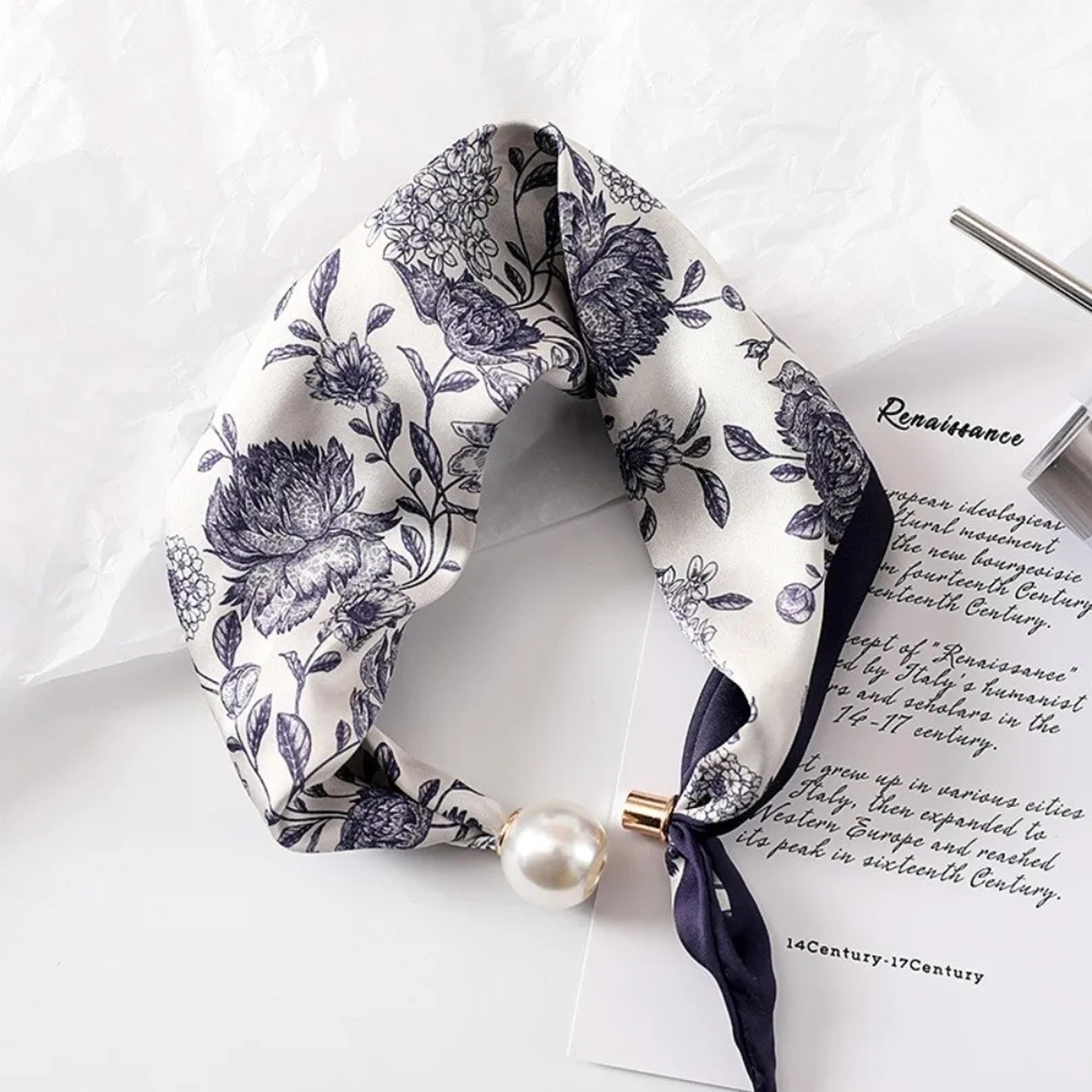 pearl buckle printed silk feel neck scarf for women lightweight neck scarf & elegant silk scarf