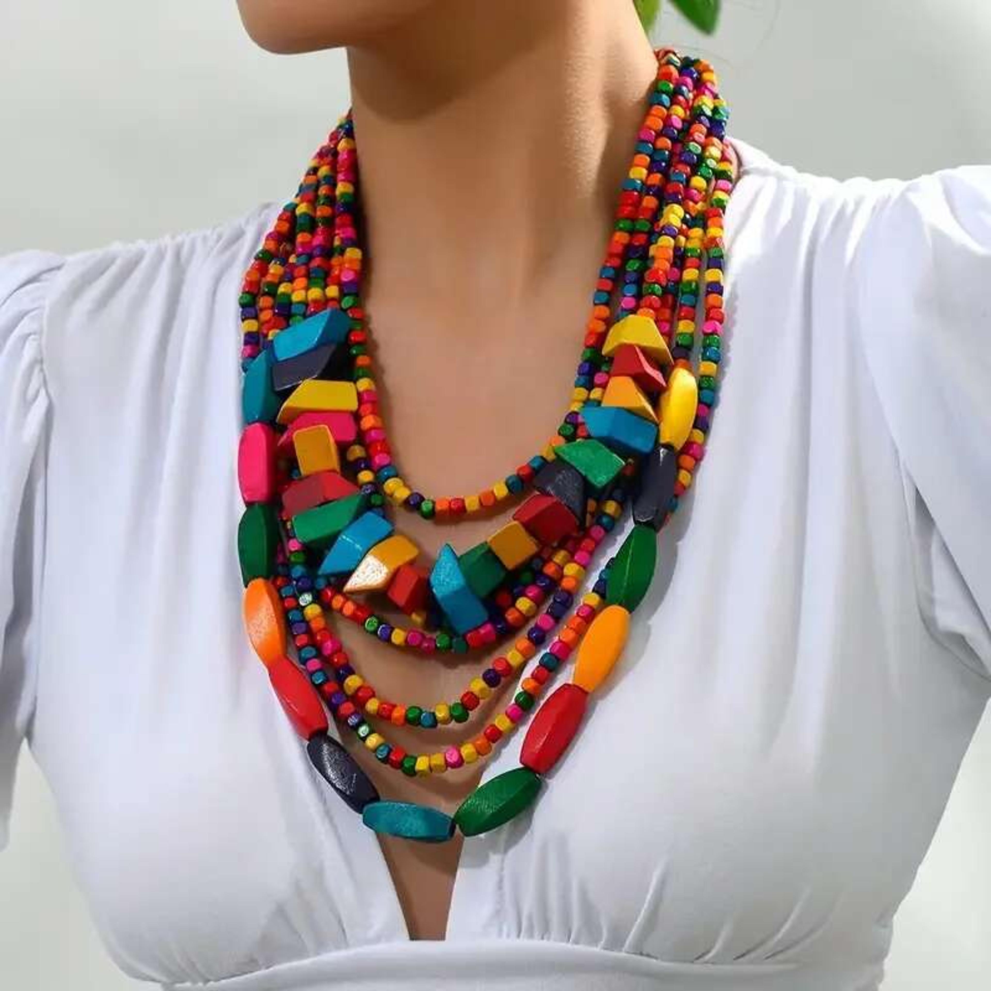 bohemian multi layer wooden bead statement necklace for women