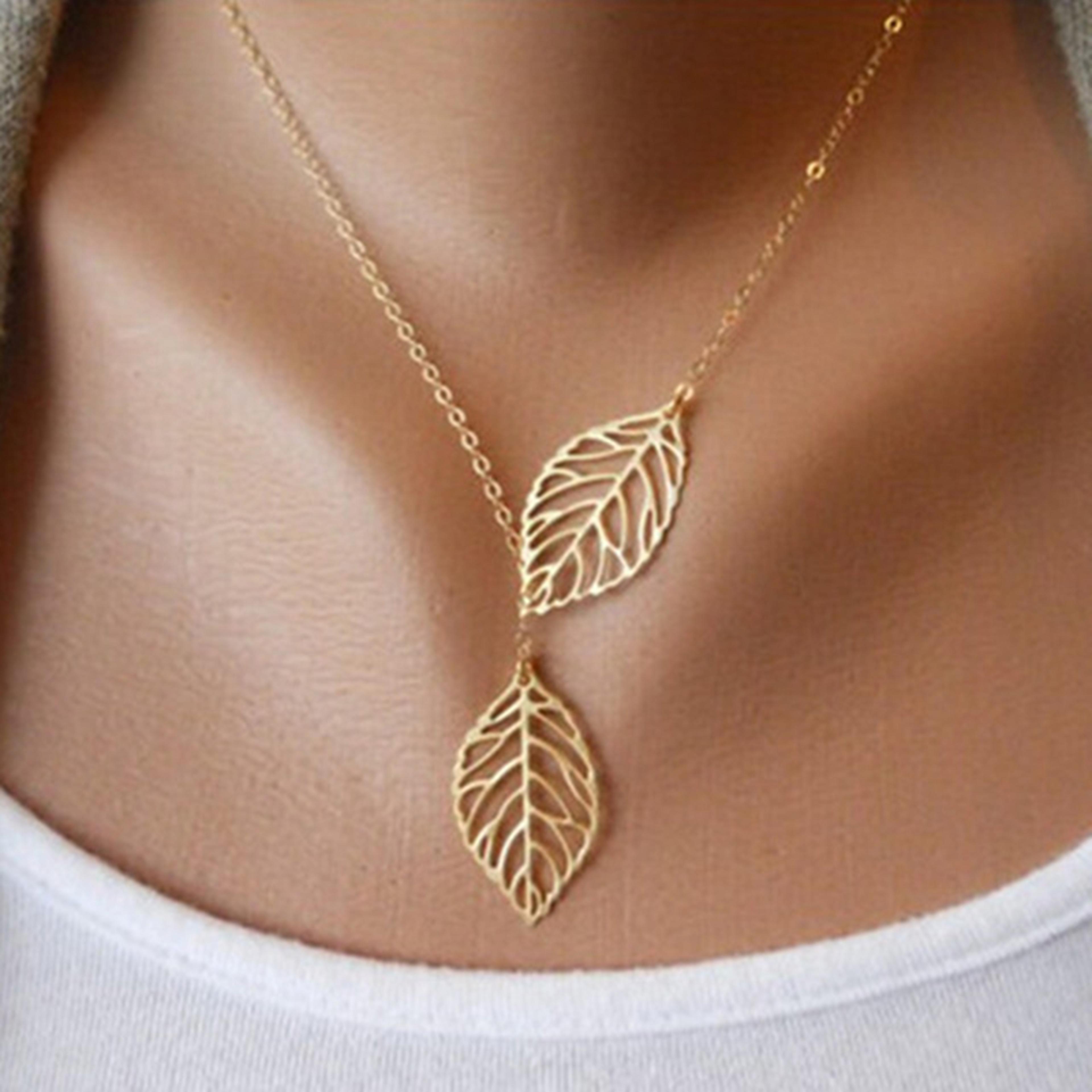 boho double leaf pendant necklace for women minimalist leaf necklace clavicle jewelry gift
