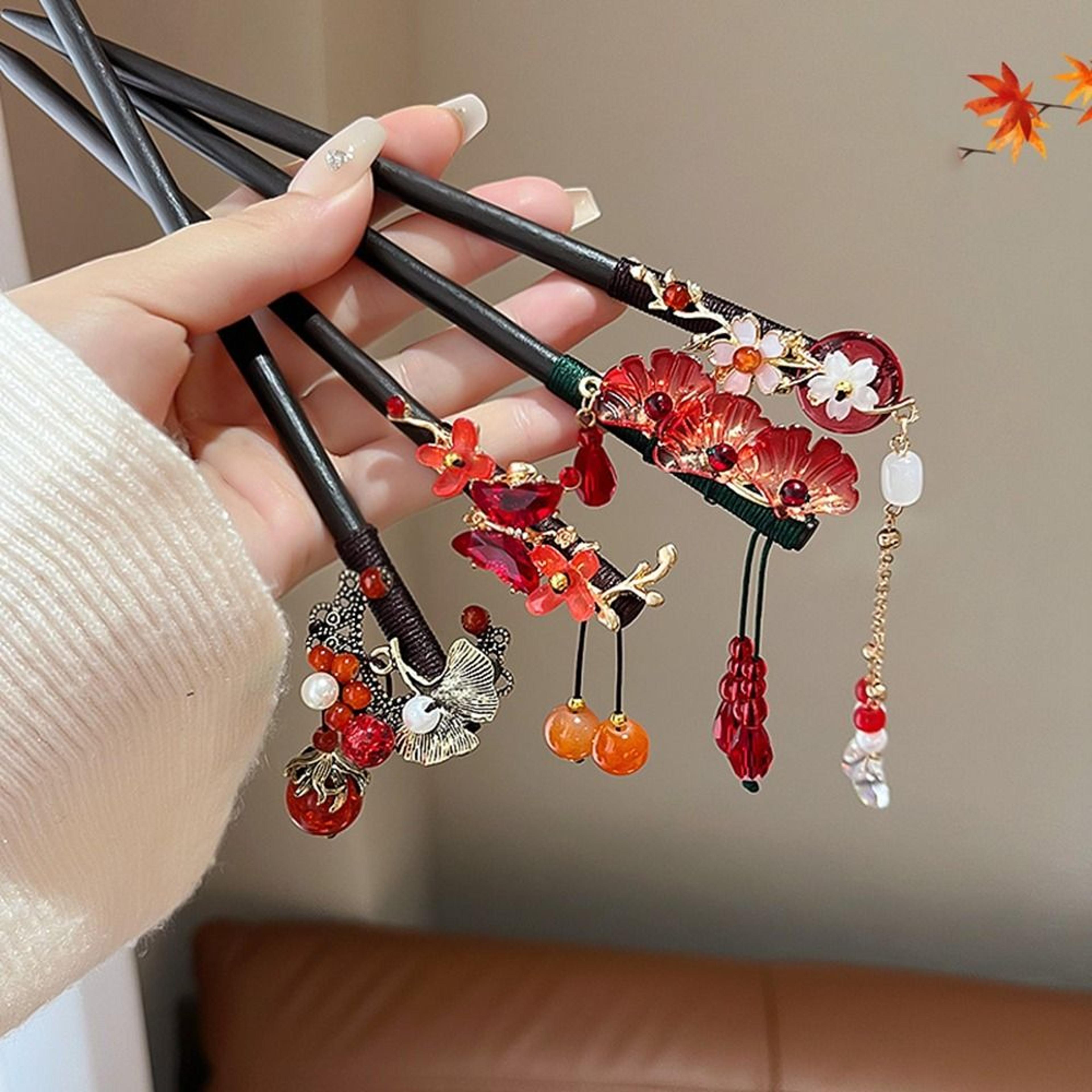 elegant floral wooden hair stick with tassel vintage hanfu hairpin for women