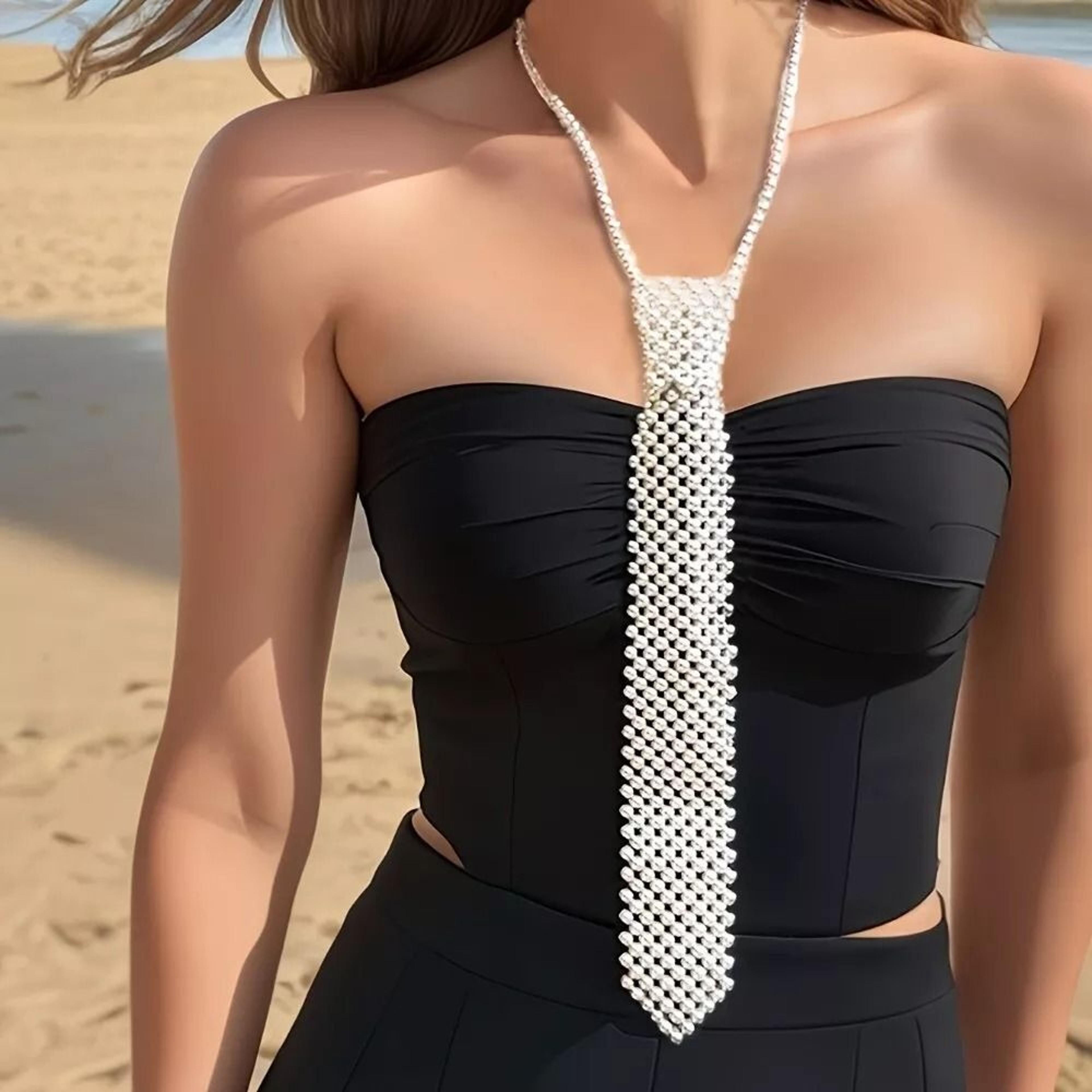 elegant pearl collar tie necklace for women beaded statement neckwear