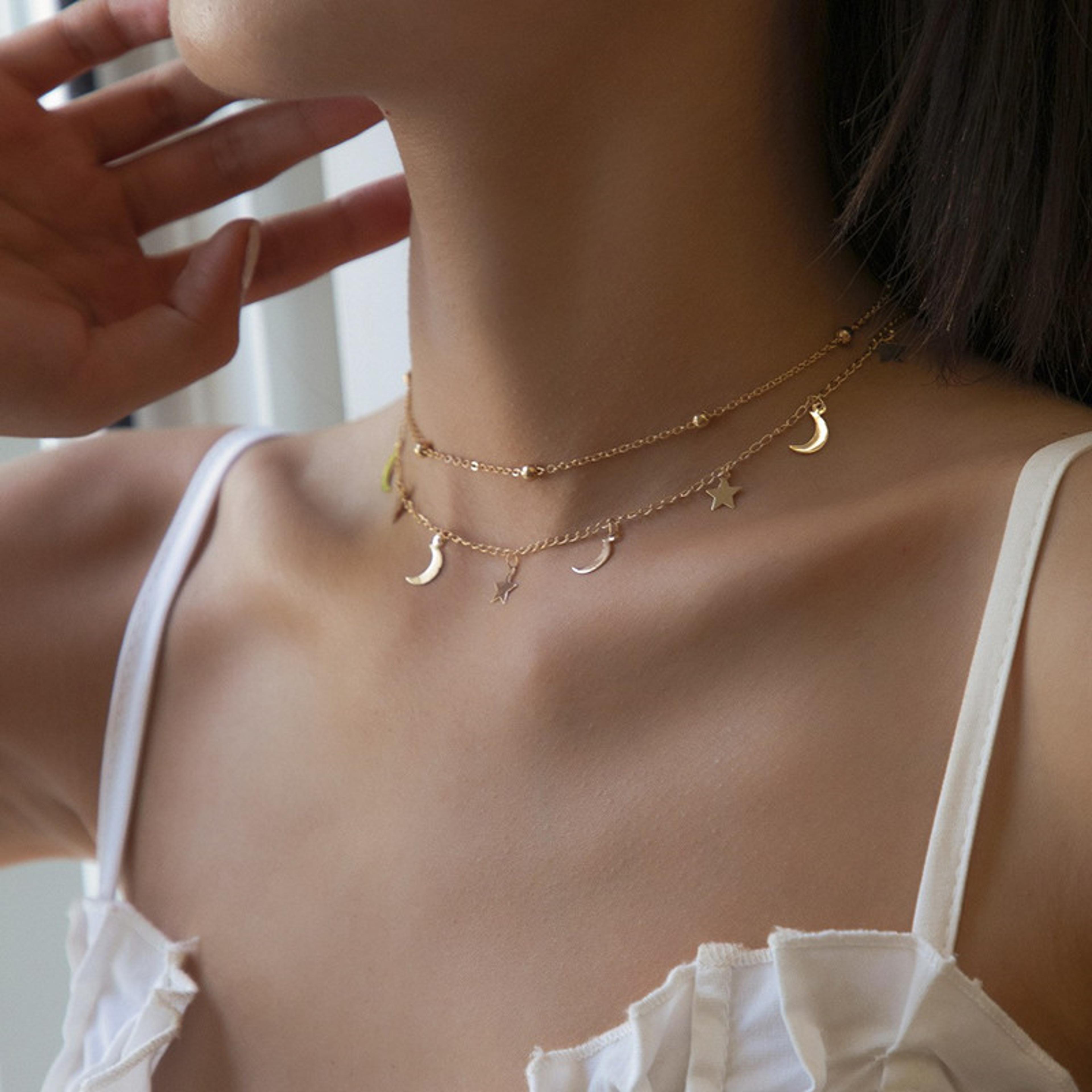 celestial moon & star layered necklace for women minimalist double layer pendant jewelry