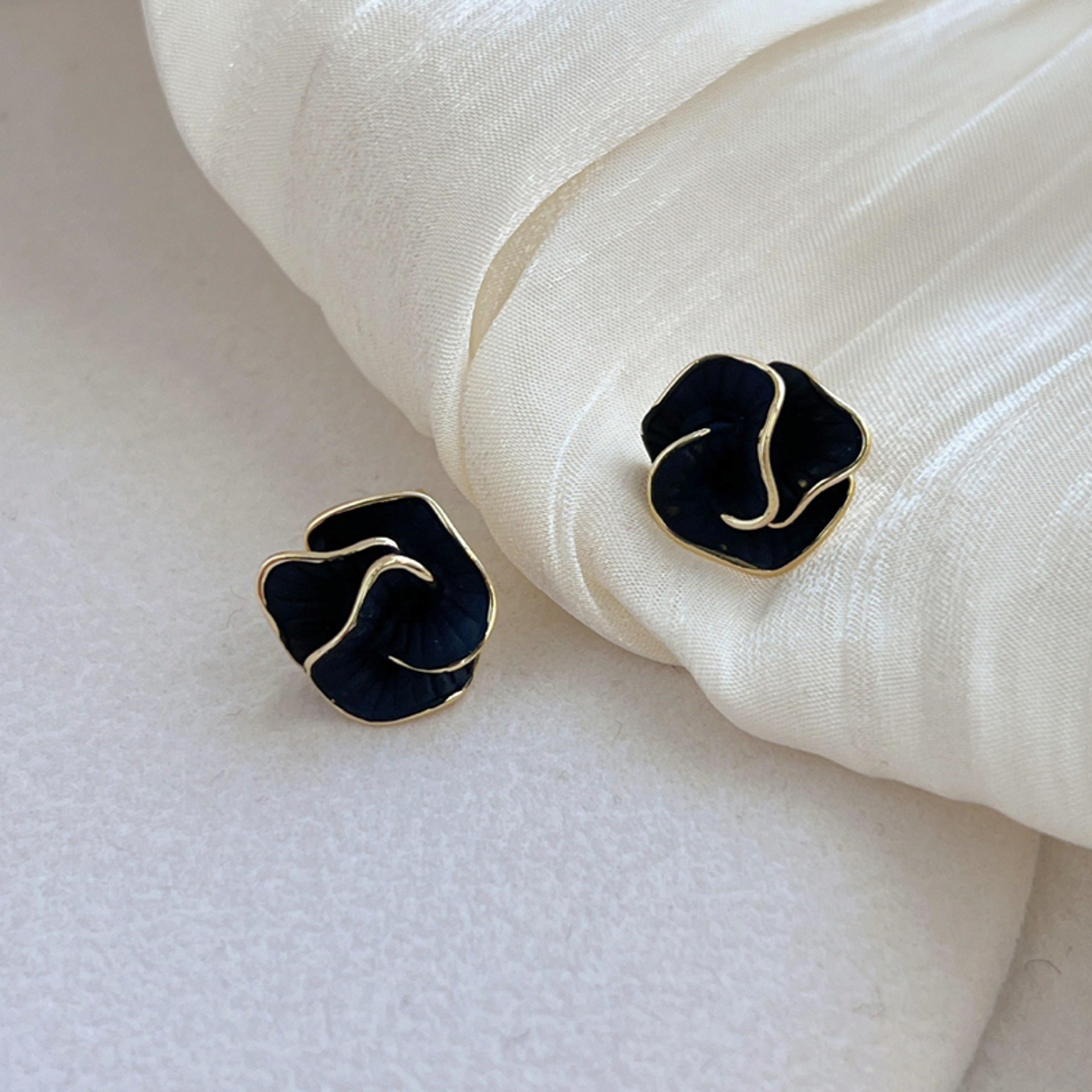 black enamel floral stud earrings for women layered flower statement jewelry