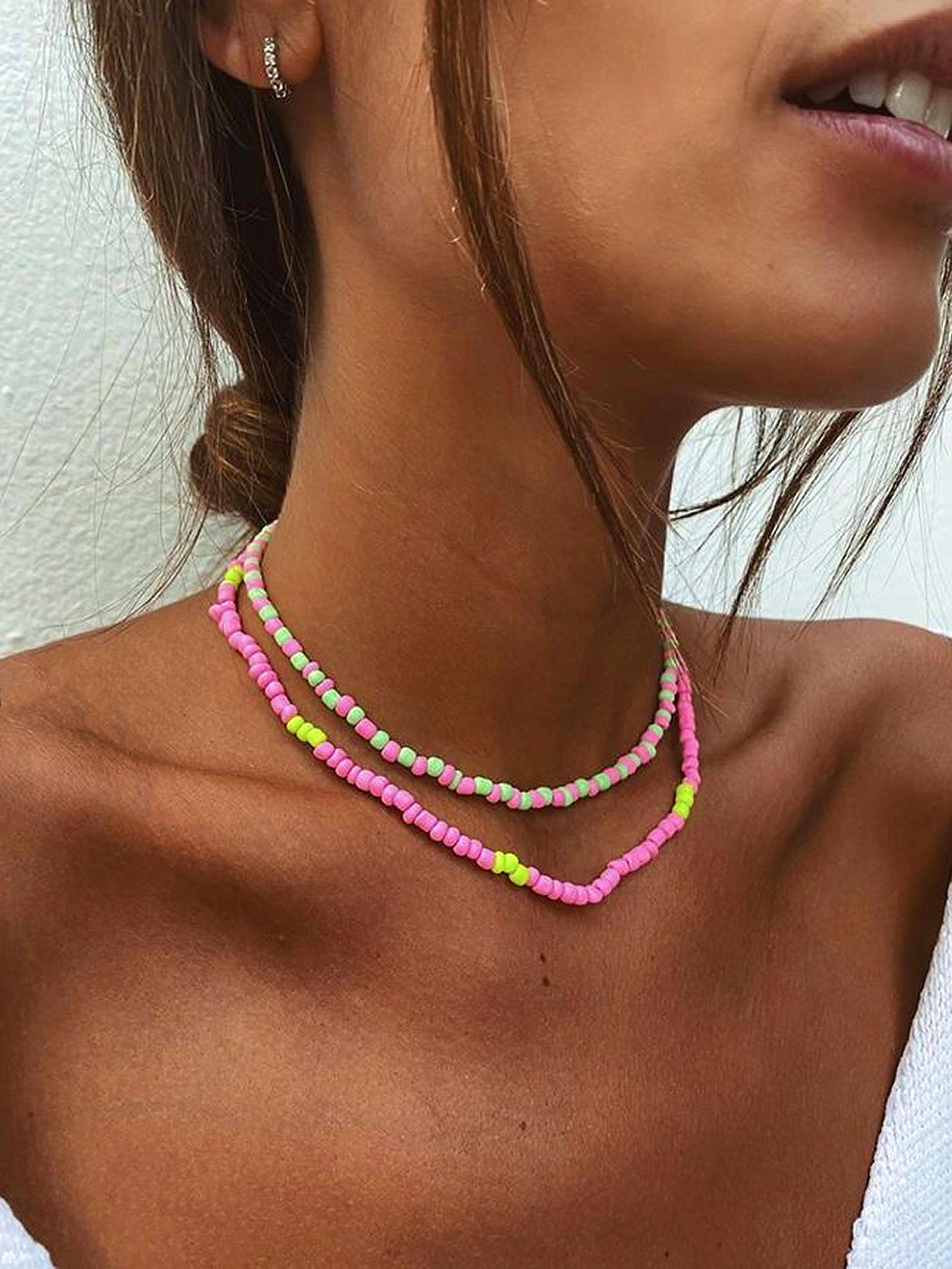 boho double layer colorful beaded necklace for women handmade choker collar chain