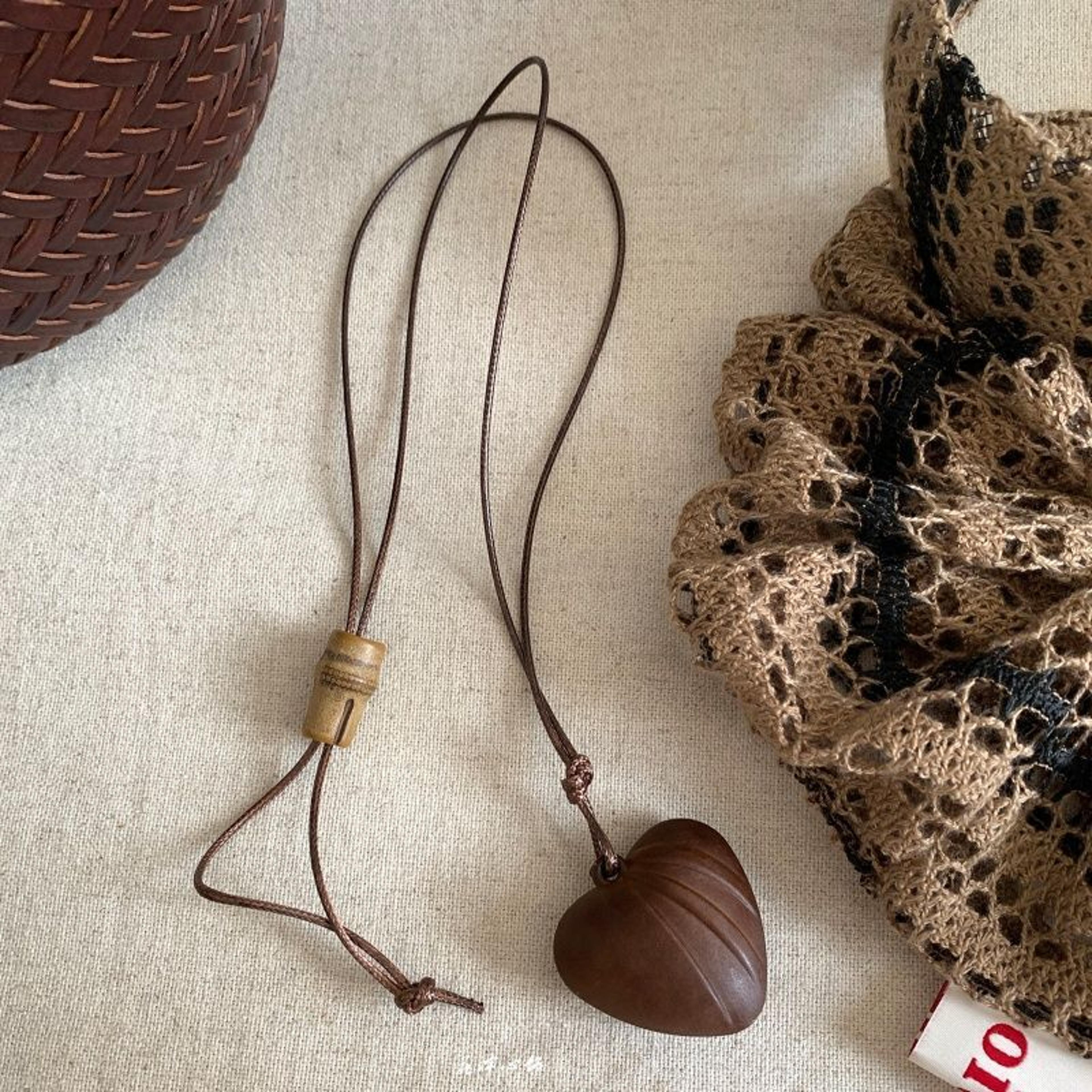 natural wood heart pendant necklace adjustable rope chain boho bamboo jewelry for women