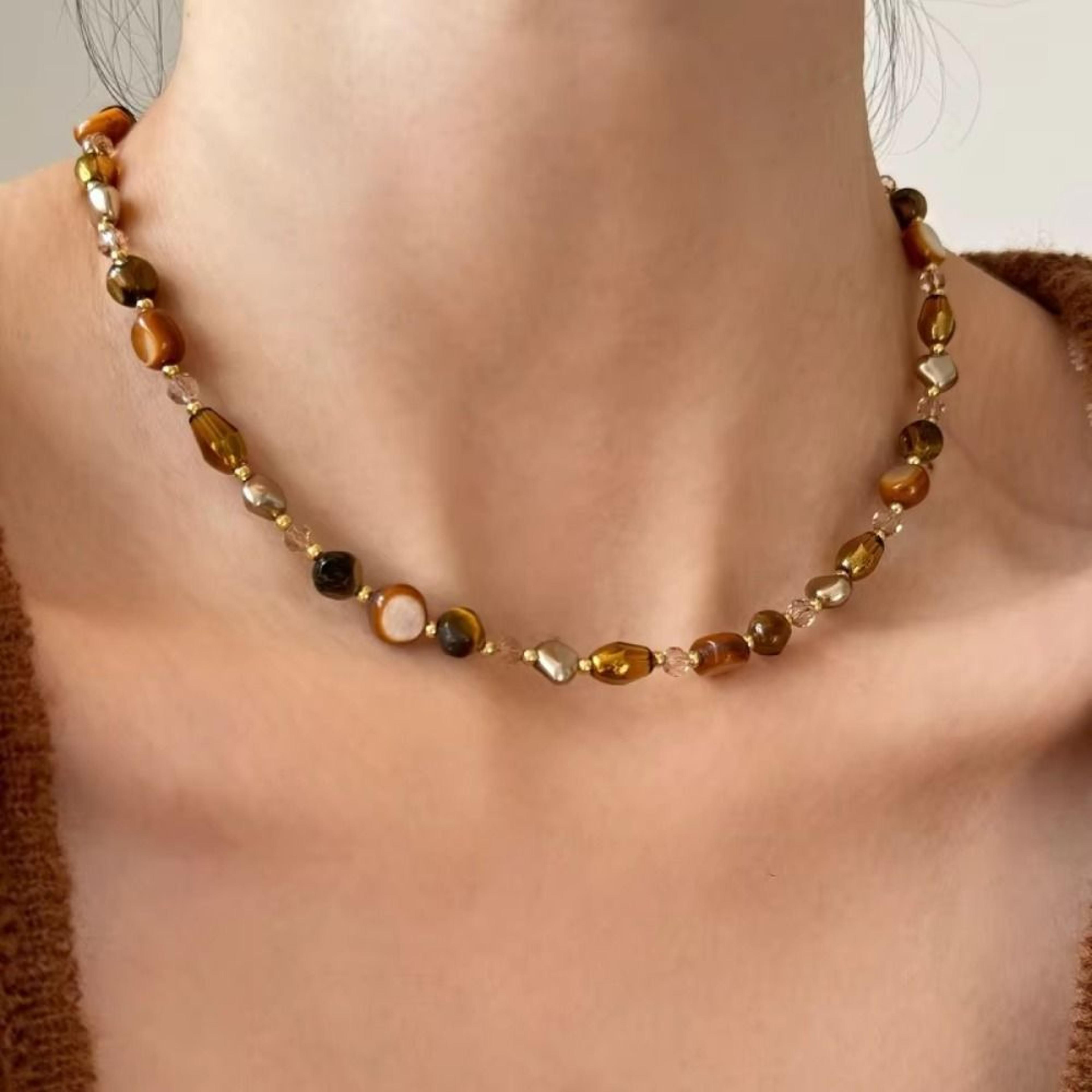 tiger eye vintage beaded choker necklace handmade natural stone boho jewelry gift