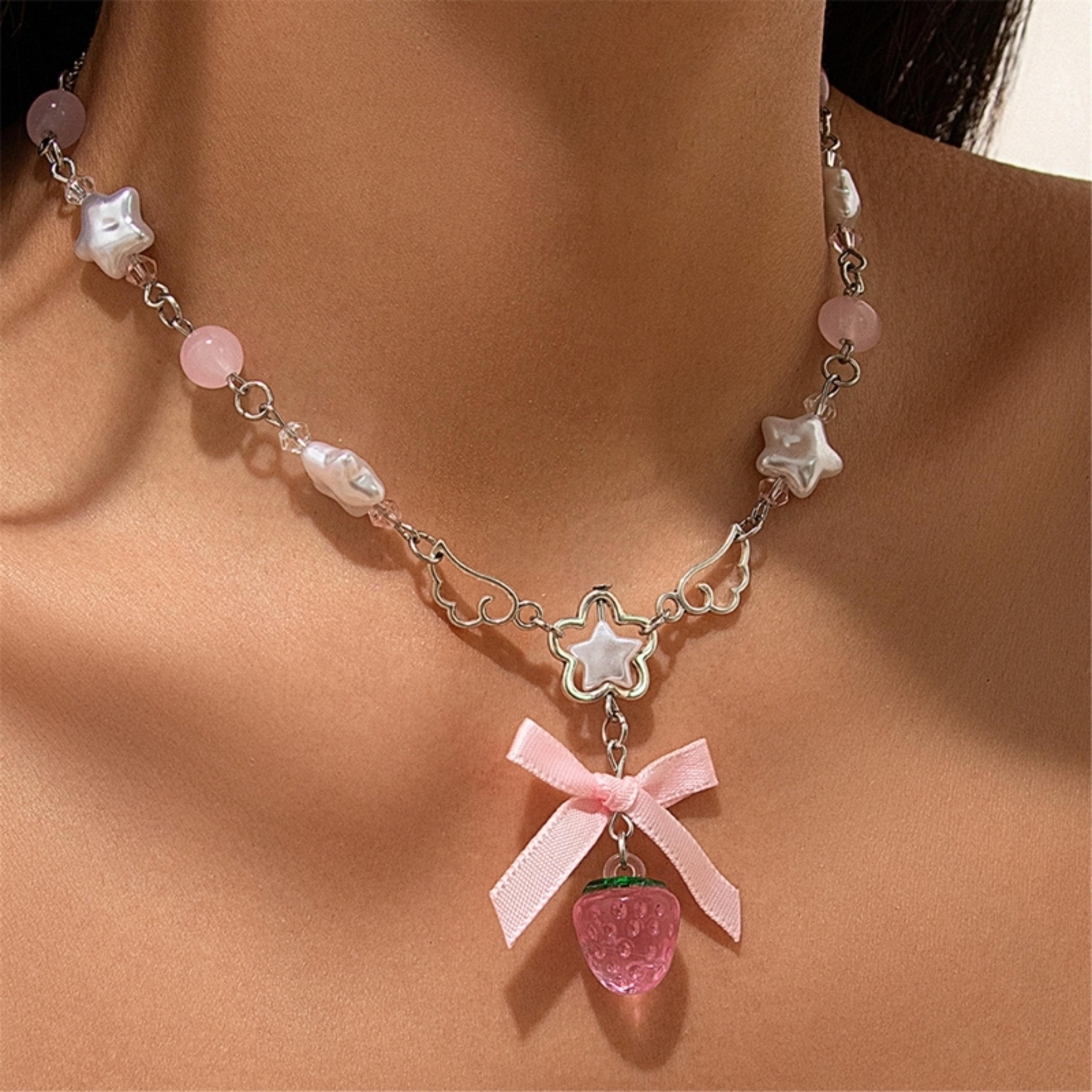 strawberry bow choker necklace cute goth pink pendant collar for vintage fashion lovers