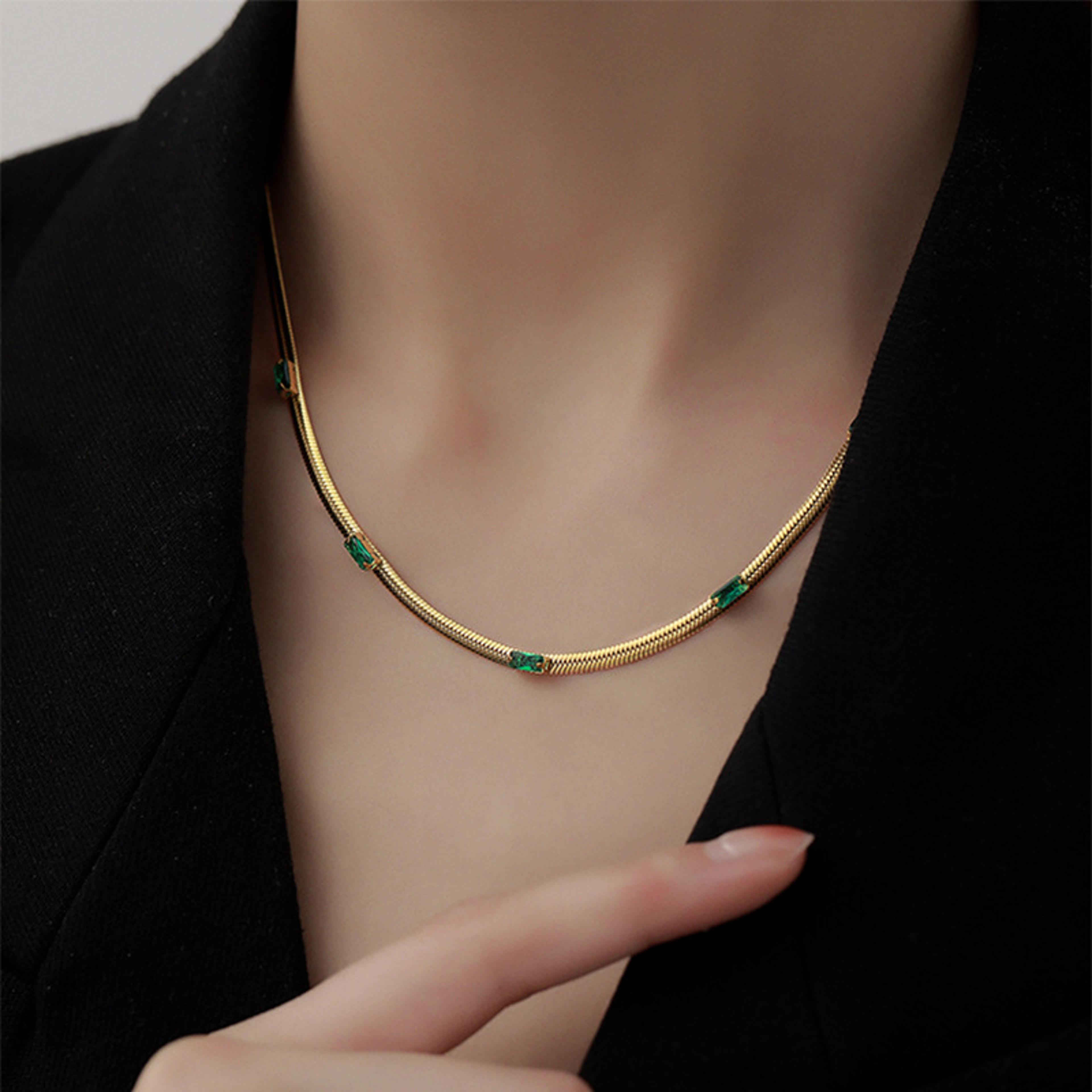 emerald glow gold stainless steel necklace green crystal bridal statement jewelry