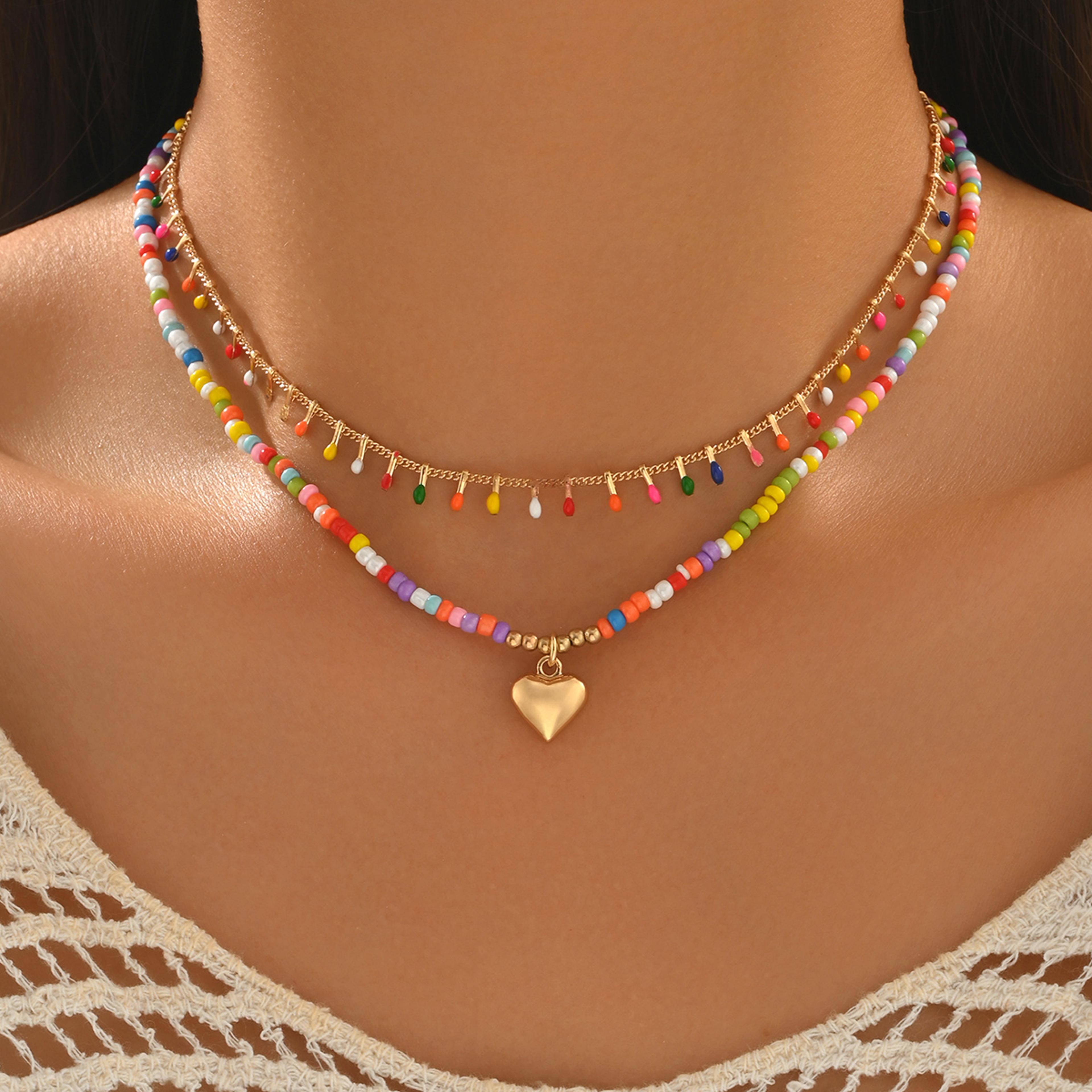 rainbow heart beaded choker necklace adjustable boho necklace for beach & summer style