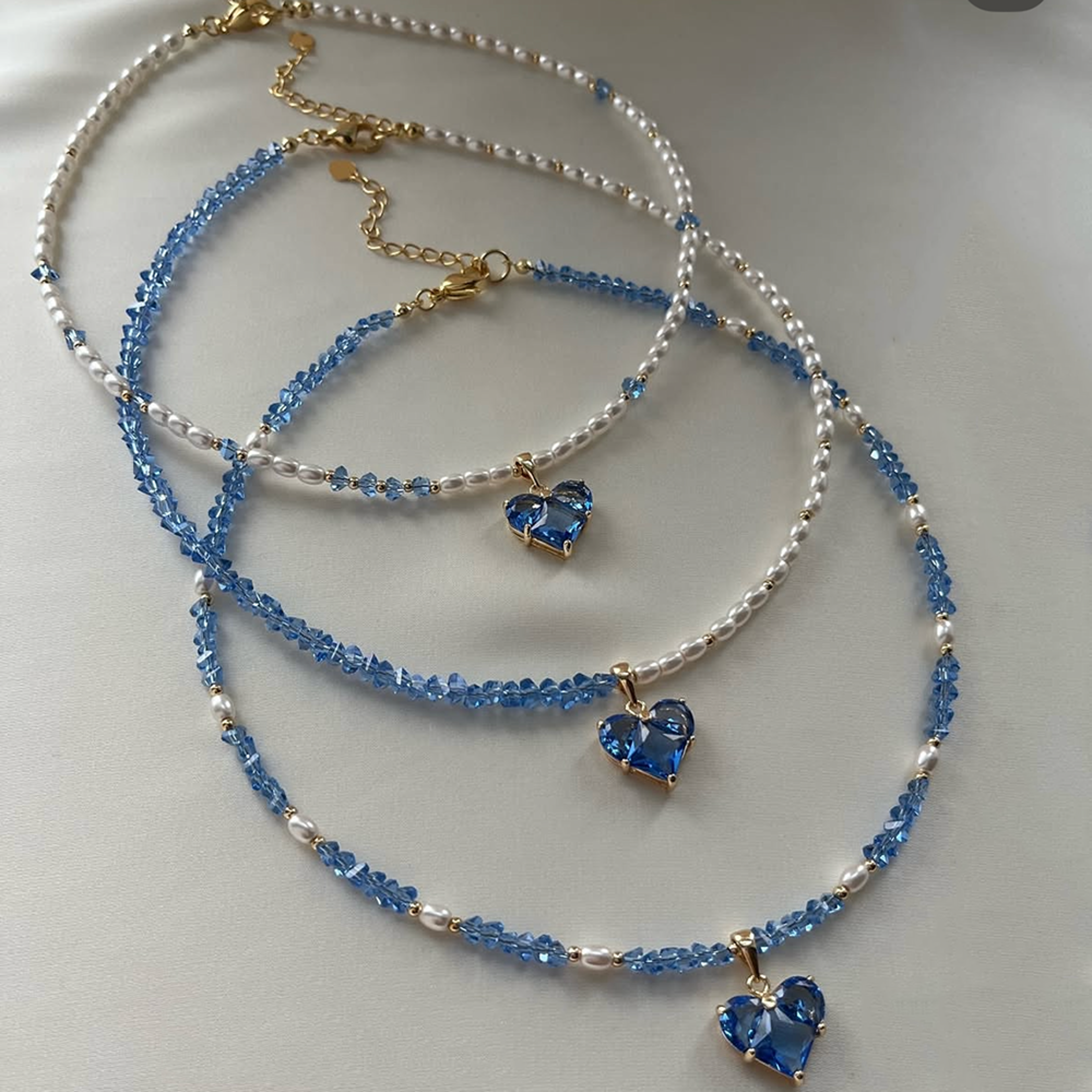 blue crystal heart pearl chain necklace for women romantic heart pendant jewelry gift