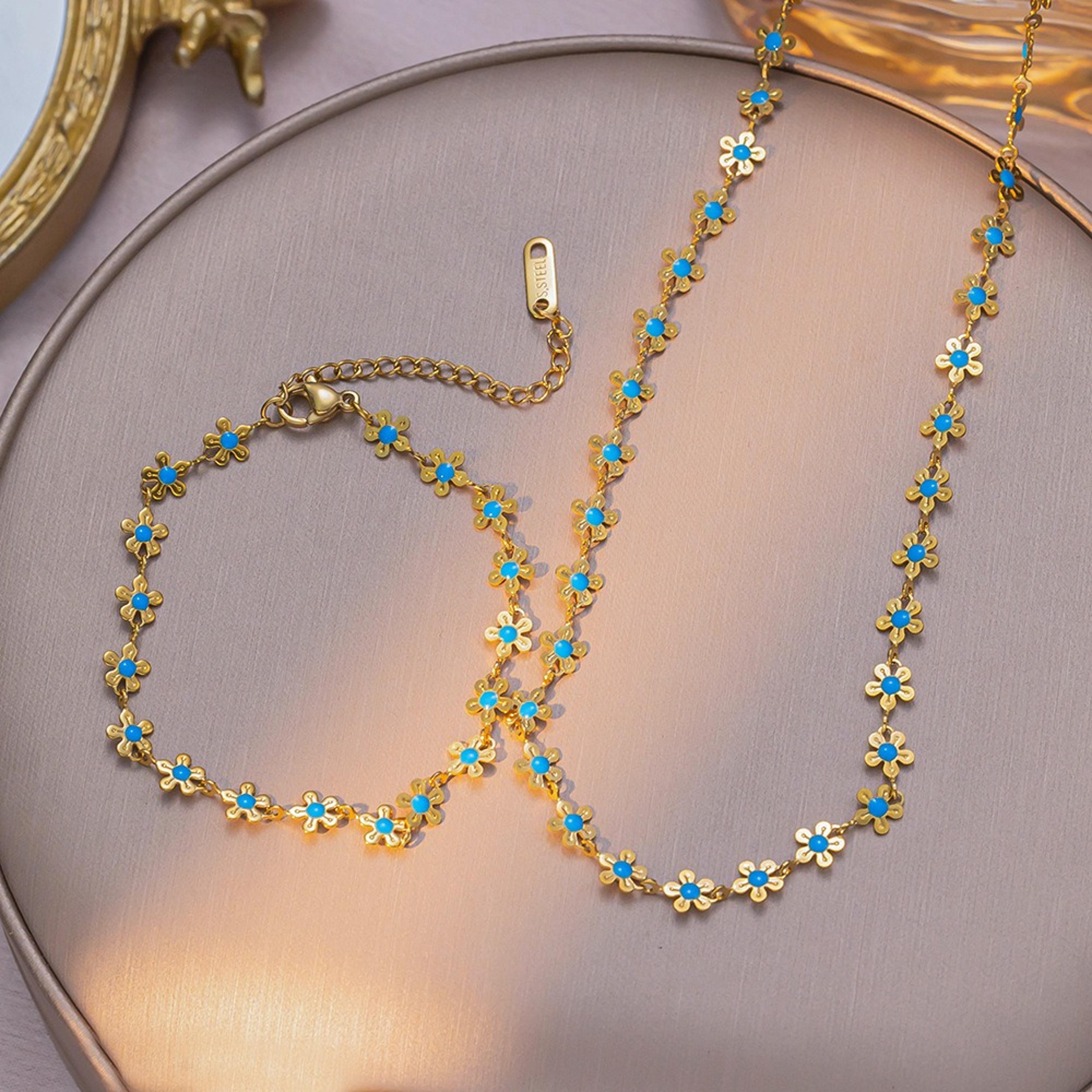 blue blossom stainless steel jewelry set floral necklace & bracelet gift for women