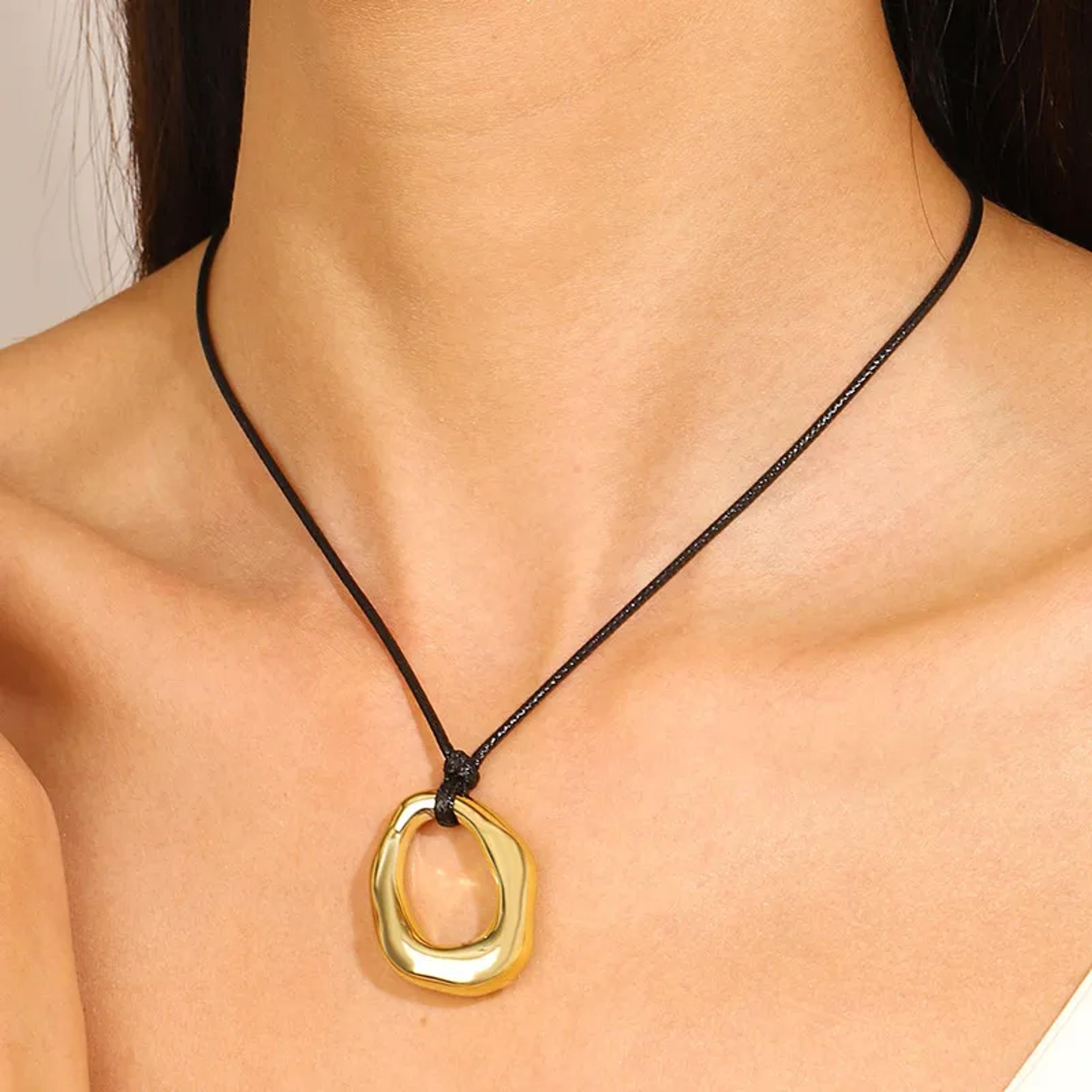 irregular bean pendant leather cord necklace punk pendant necklace for women with vintage metal necklace charm