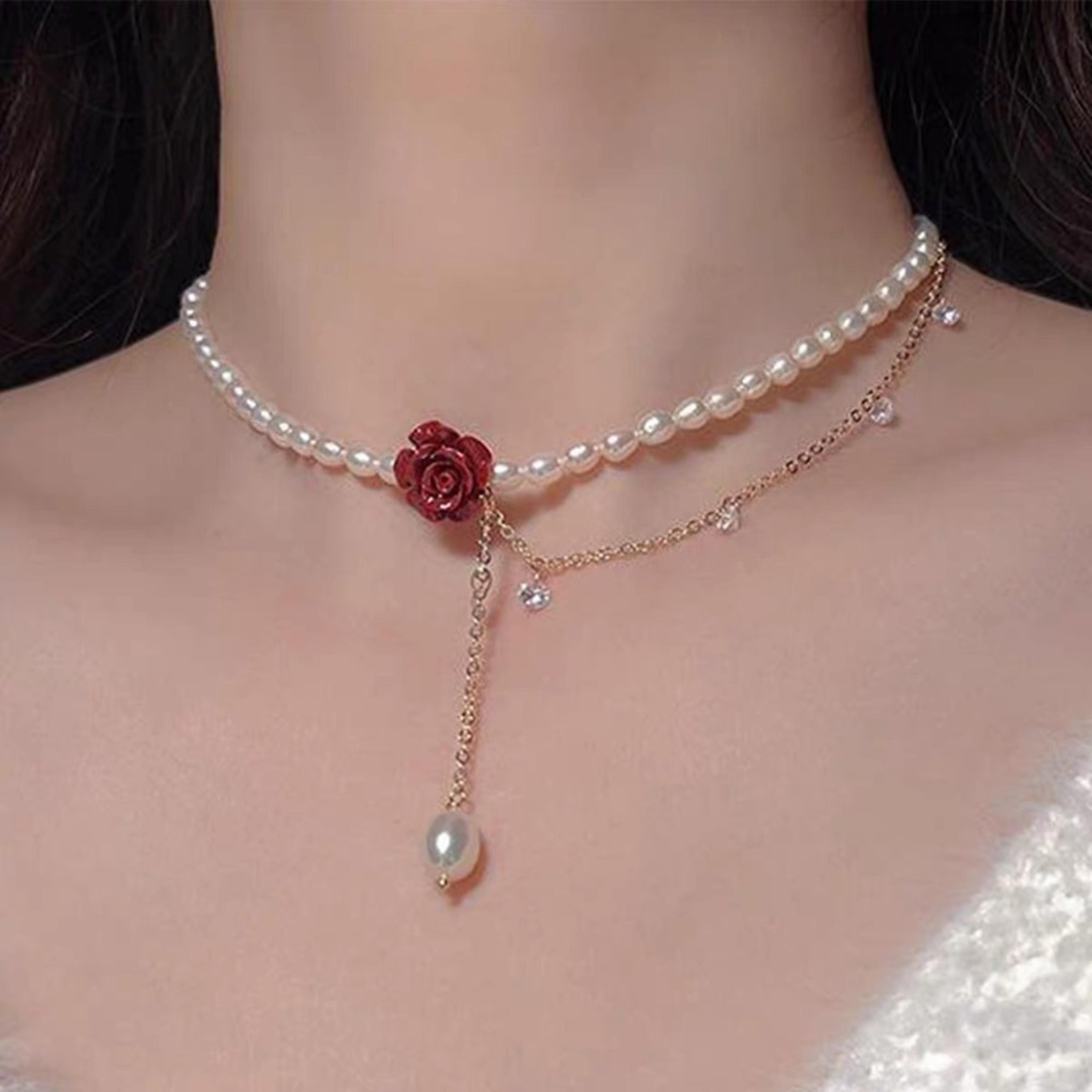 french rose pearl choker necklace with zircon tassel pendant for elegant vintage style