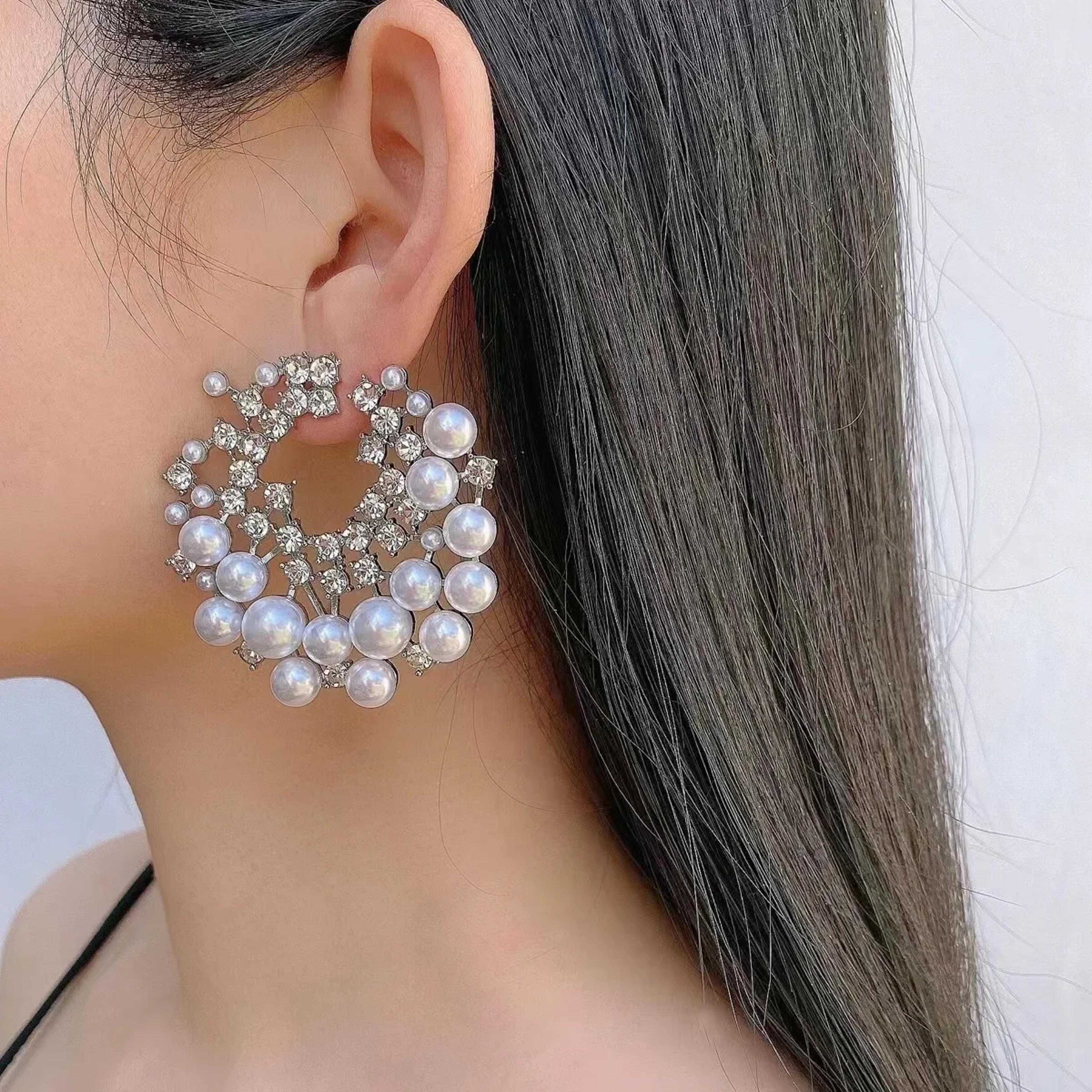 vintage silver pearl hoop earrings irregular c shape statement earrings for women