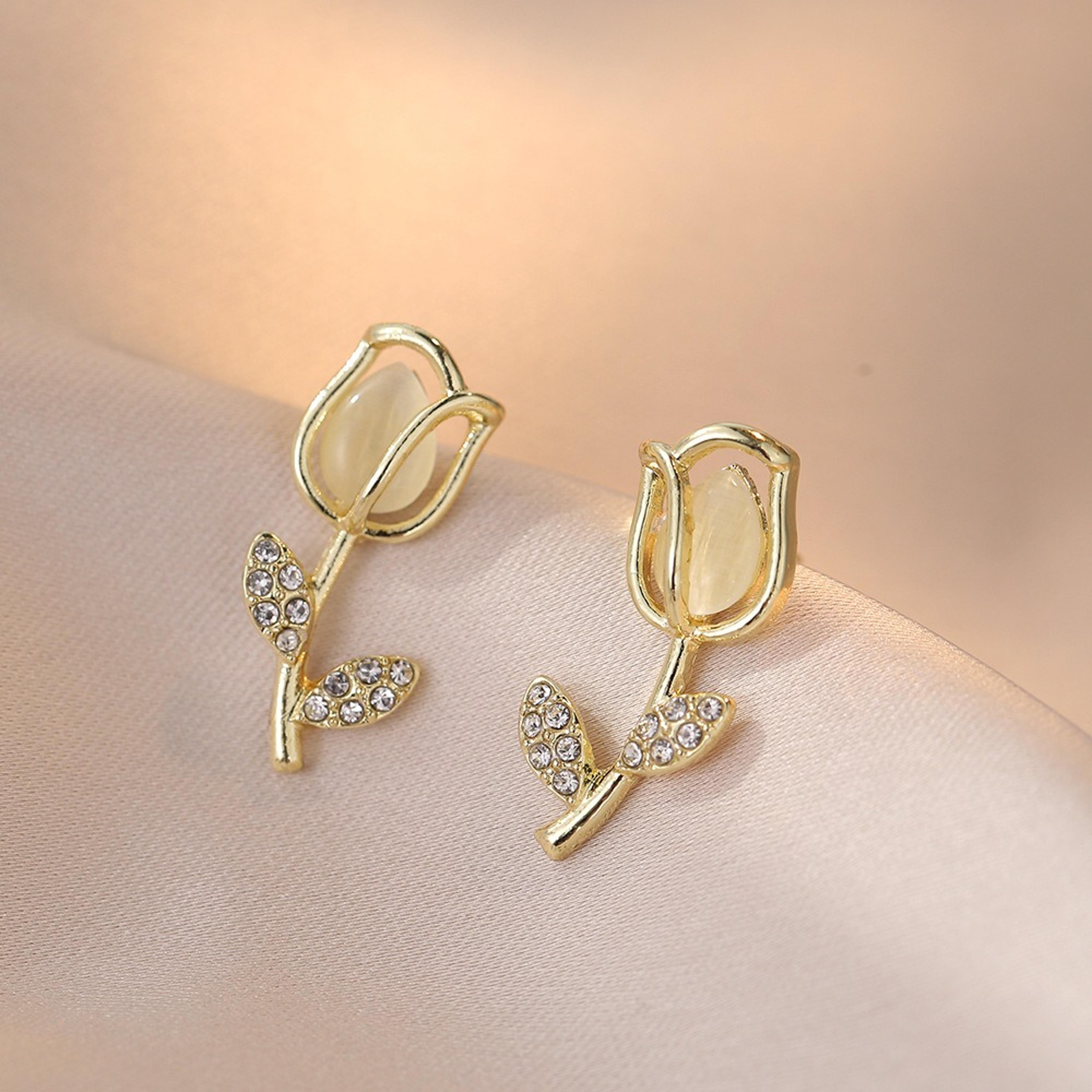 elegant opal stud earrings with tulip design stainless steel flower earrings for women