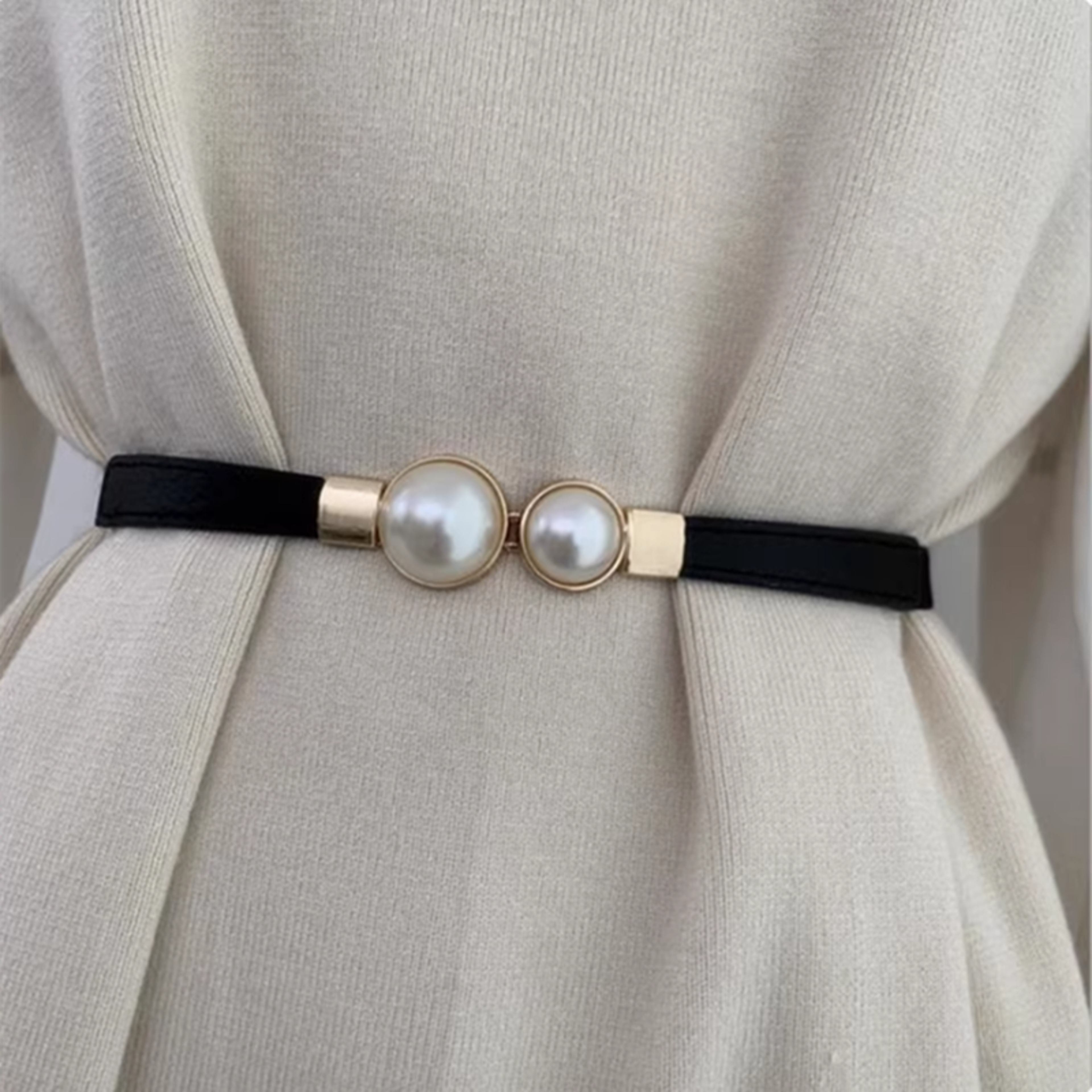 elegant womens thin elastic belt with double pearl buckle for dresses & waist styling