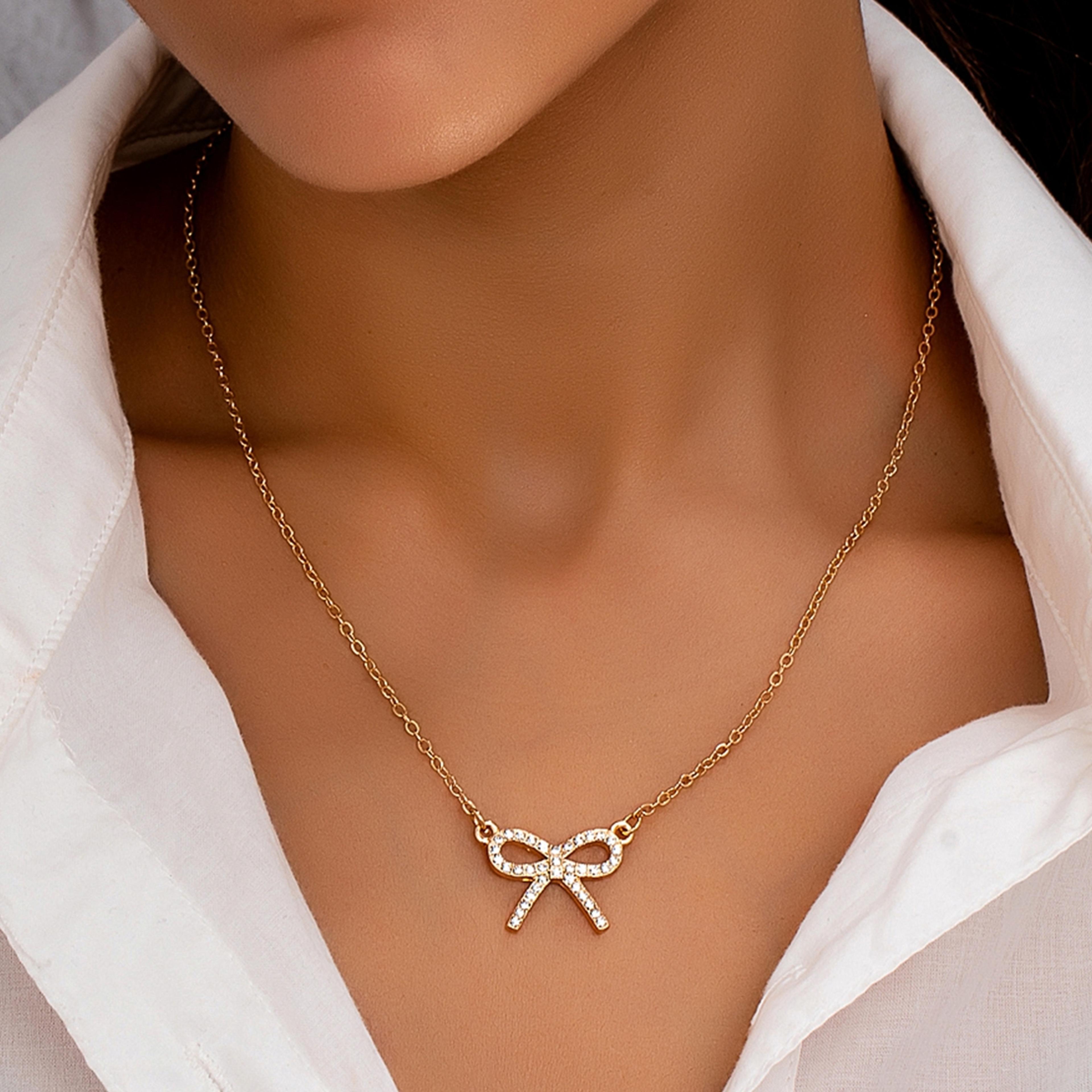sparkling bow necklace with crystal accents for women elegant rhinestone necklace for everyday wear