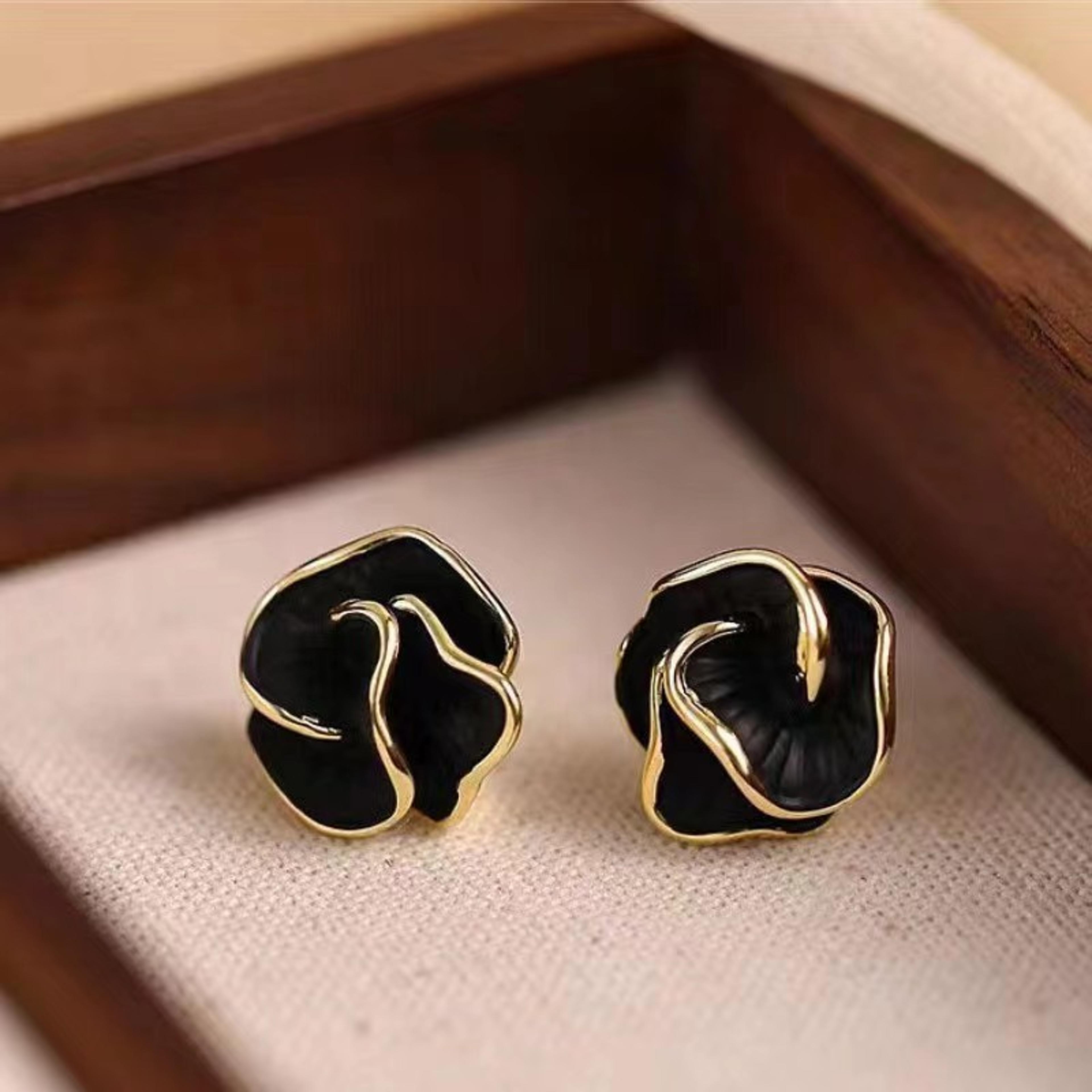 french camellia flower stud earrings vintage enamel earrings with gold tone finish for women
