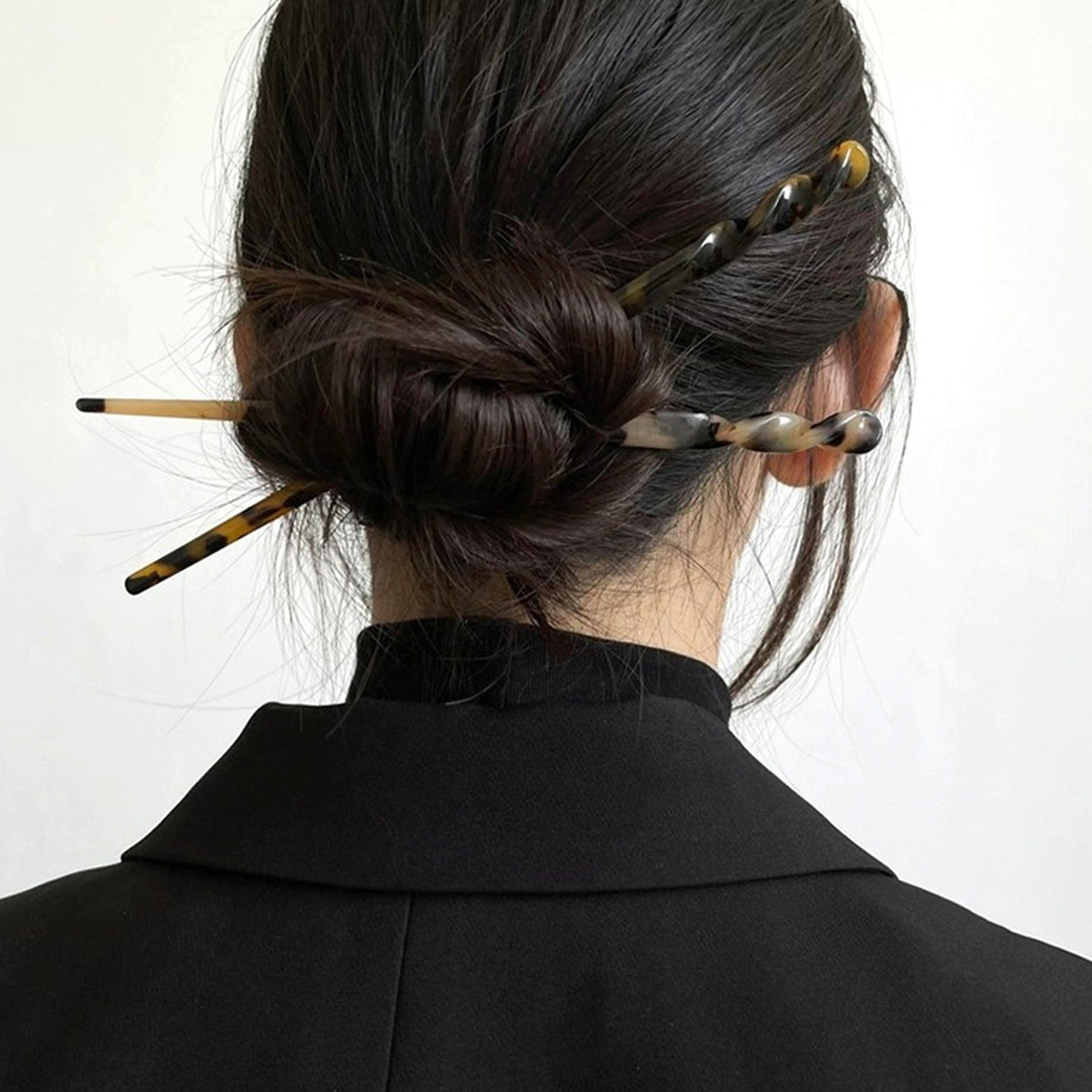 leopard print acetate hair stick & hair fork for elegant bun hairstyles