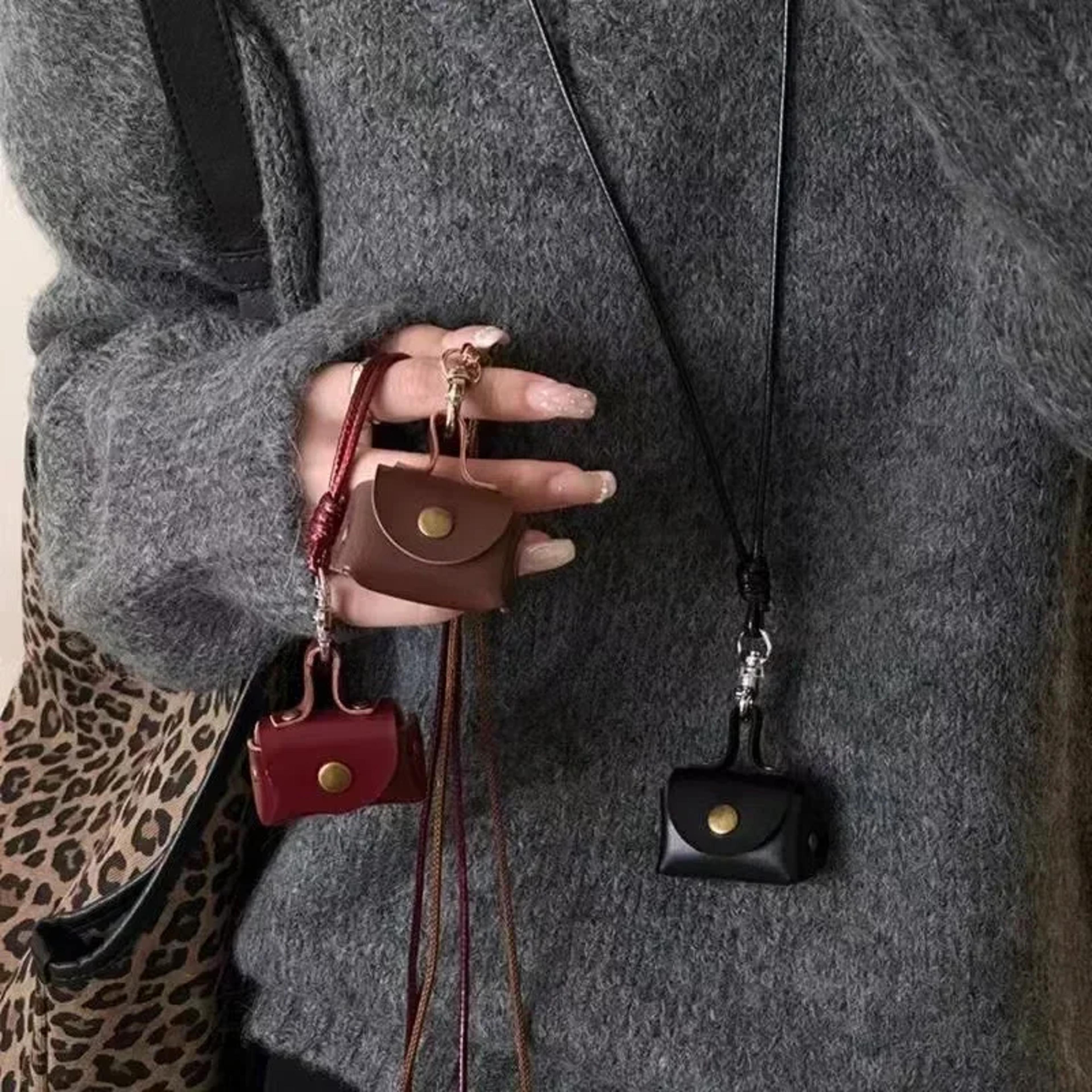 retro mini leather bag necklace pendant for women vintage sweater chain necklace accessory